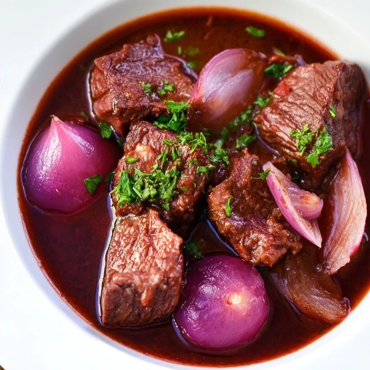 Golden brown beef chuck and caramelized red onions simmer in a rich red wine sauce inside a Dutch oven.