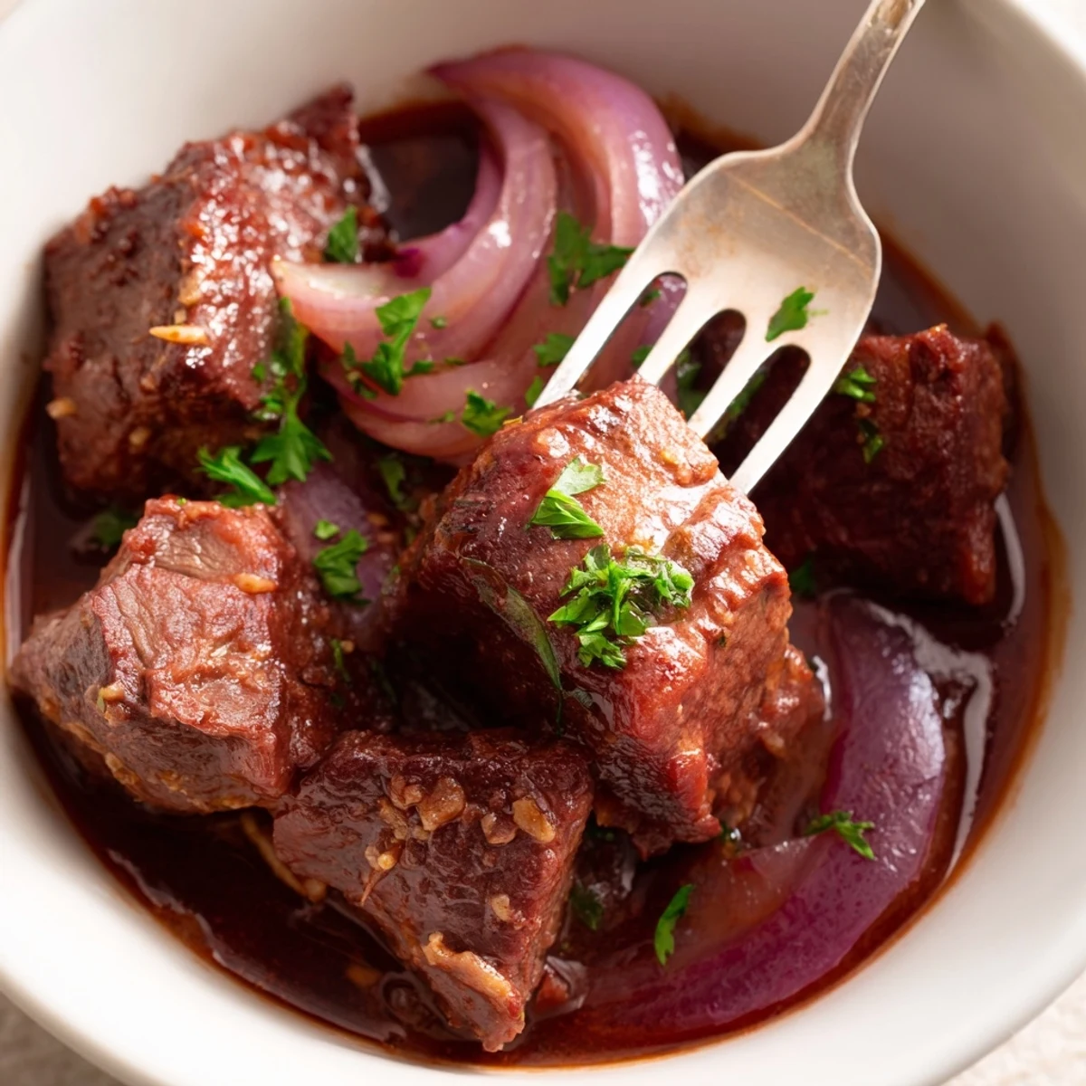 Close up view of tender Braised Beef Chuck with Red Onions and carrots revealing a glossy, thick red wine sauce.