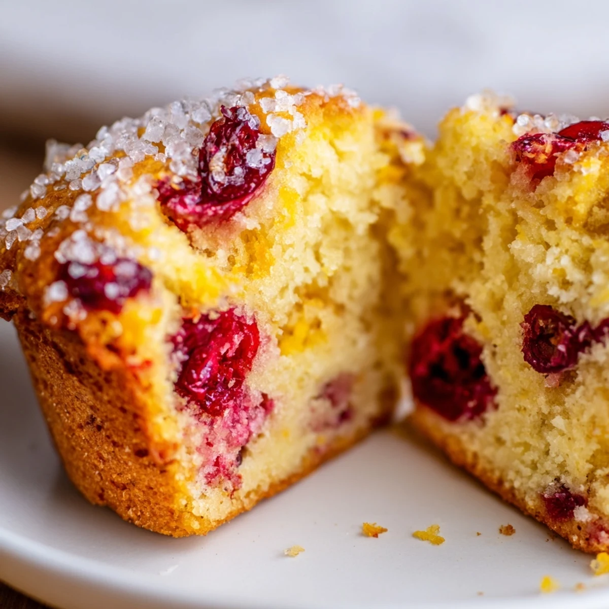 Freshly baked Orange Cranberry Breakfast Muffins, golden brown with sugary tops, are arranged on a rustic wooden cooling rack.