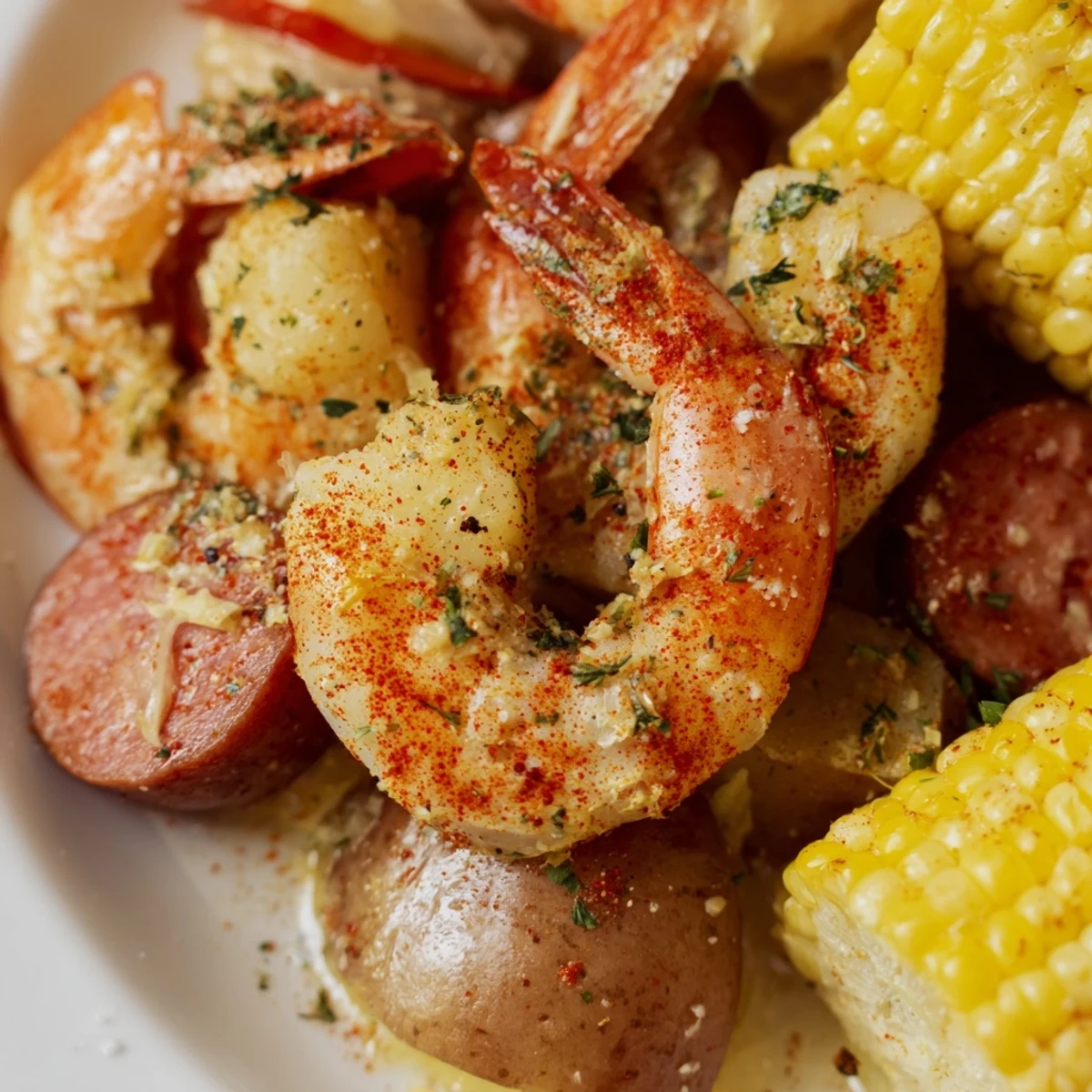 Spicy Cajun Shrimp Boil with Corn served steaming hot on a platter, garnished with fresh parsley and lemon wedges. 