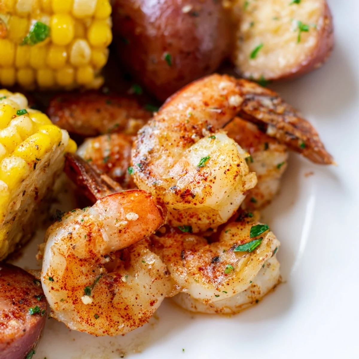 A hearty Spicy Cajun Shrimp Boil with Corn features shrimp, sausage, potatoes, and corn in a zesty broth.