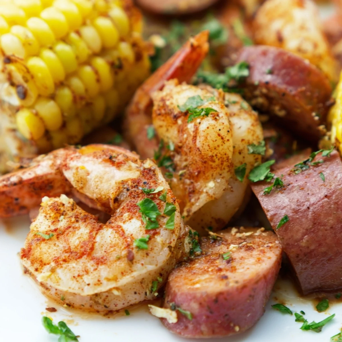 Close-up of Spicy Cajun Shrimp Boil with Corn, showcasing plump shrimp, Andouille sausage, and butter-drizzled vegetables.