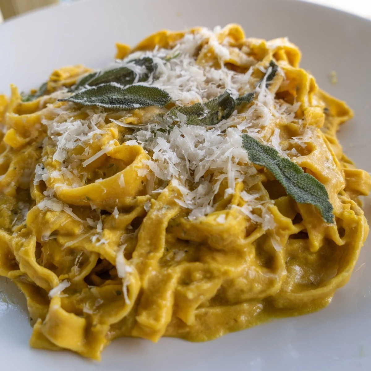 A skillet of simmering Creamy Pumpkin and Sage Pasta Sauce with a wooden spoon, ready to be tossed with hot pasta.