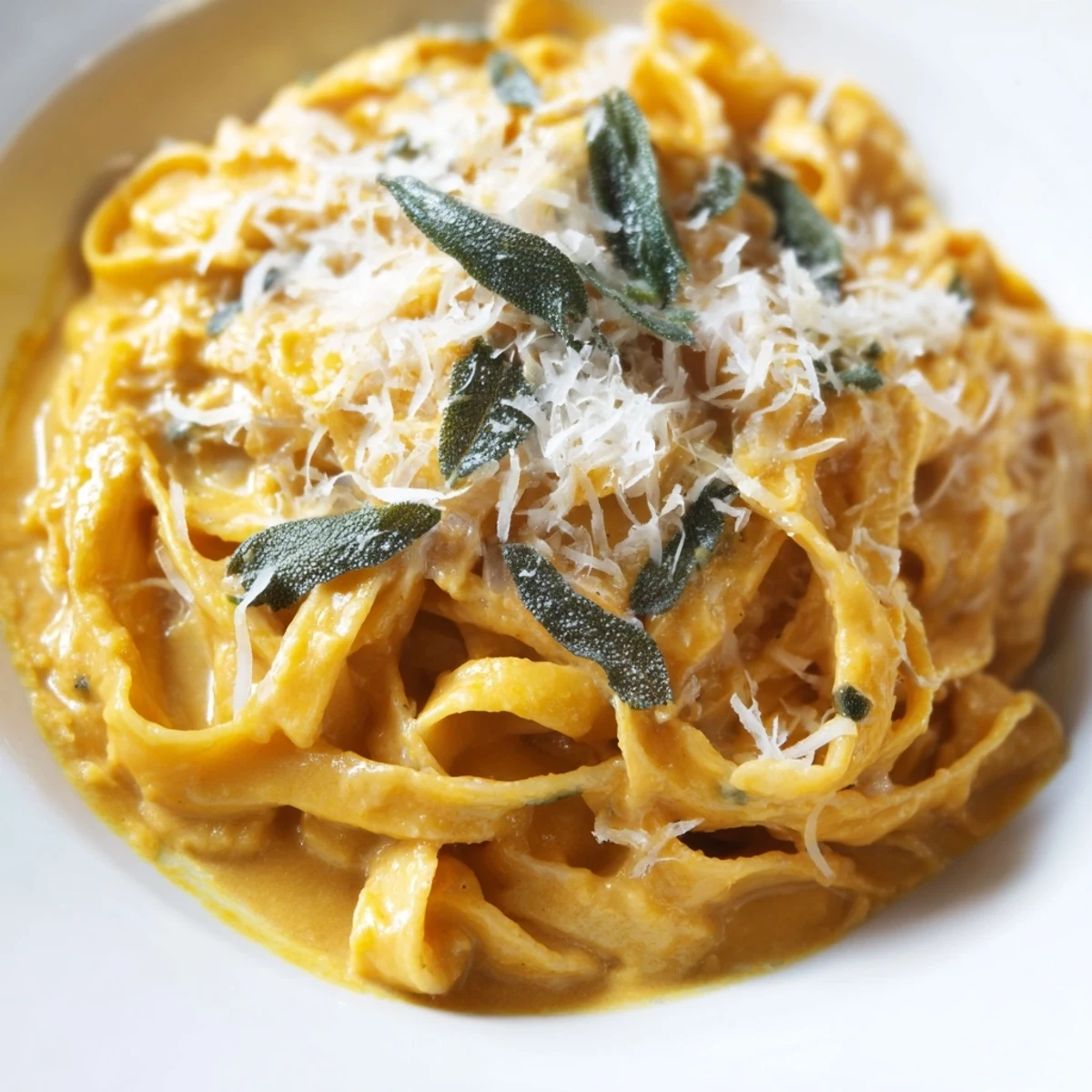Plated Creamy Pumpkin and Sage Pasta Sauce twirled on a fork, garnished with crispy sage leaves and a dusting of Parmesan.