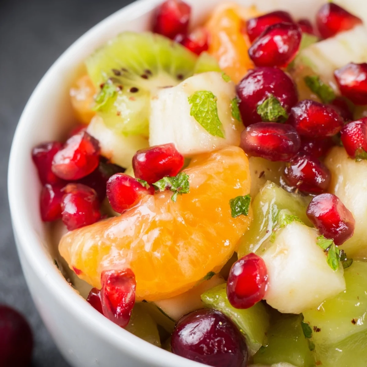 Bright, colorful Winter Fruit Salad with Pomegranate and Lime served in a white bowl, topped with fresh mint leaves.