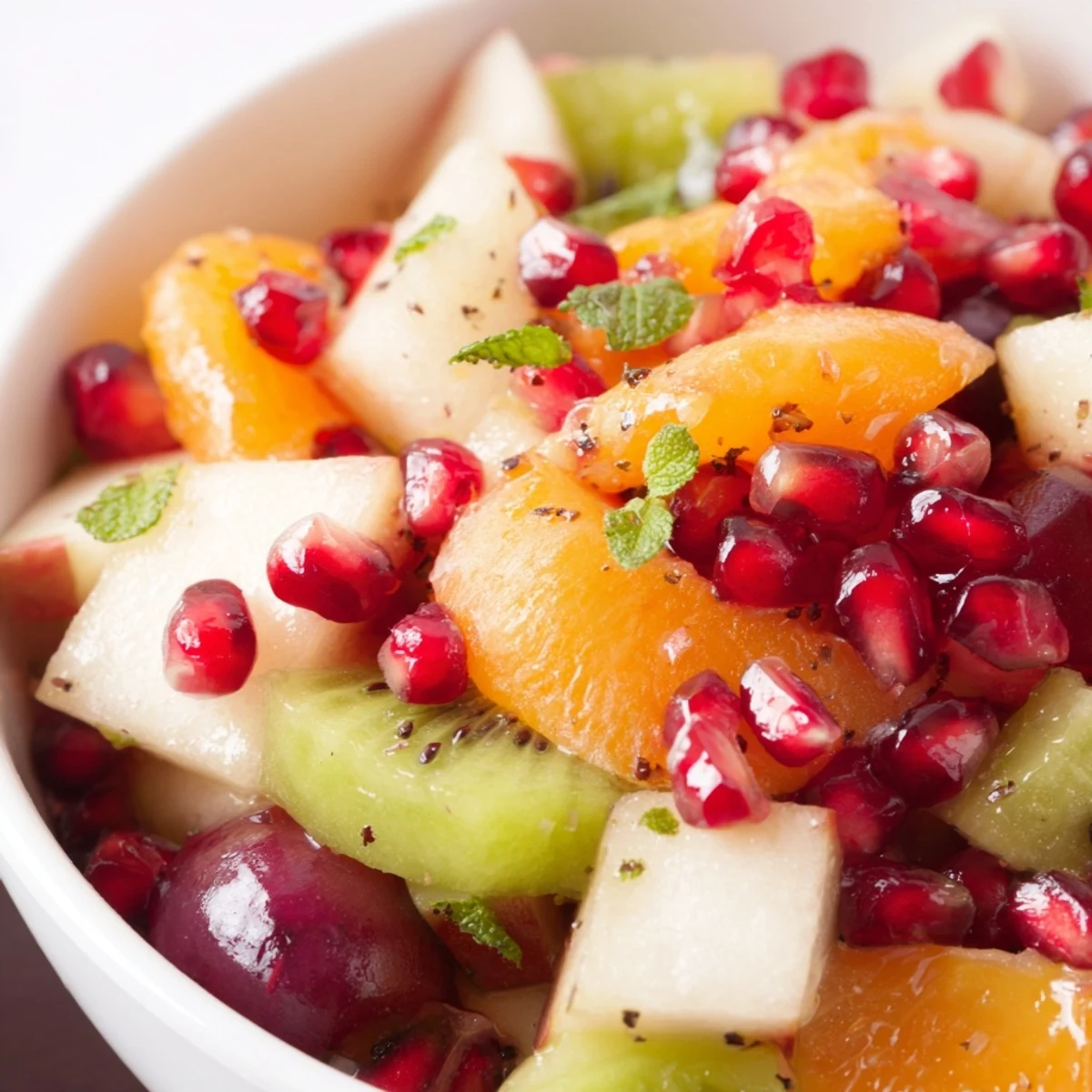 Crisp apple, juicy oranges, and pomegranate arils in a chilled Winter Fruit Salad with Pomegranate and Lime.