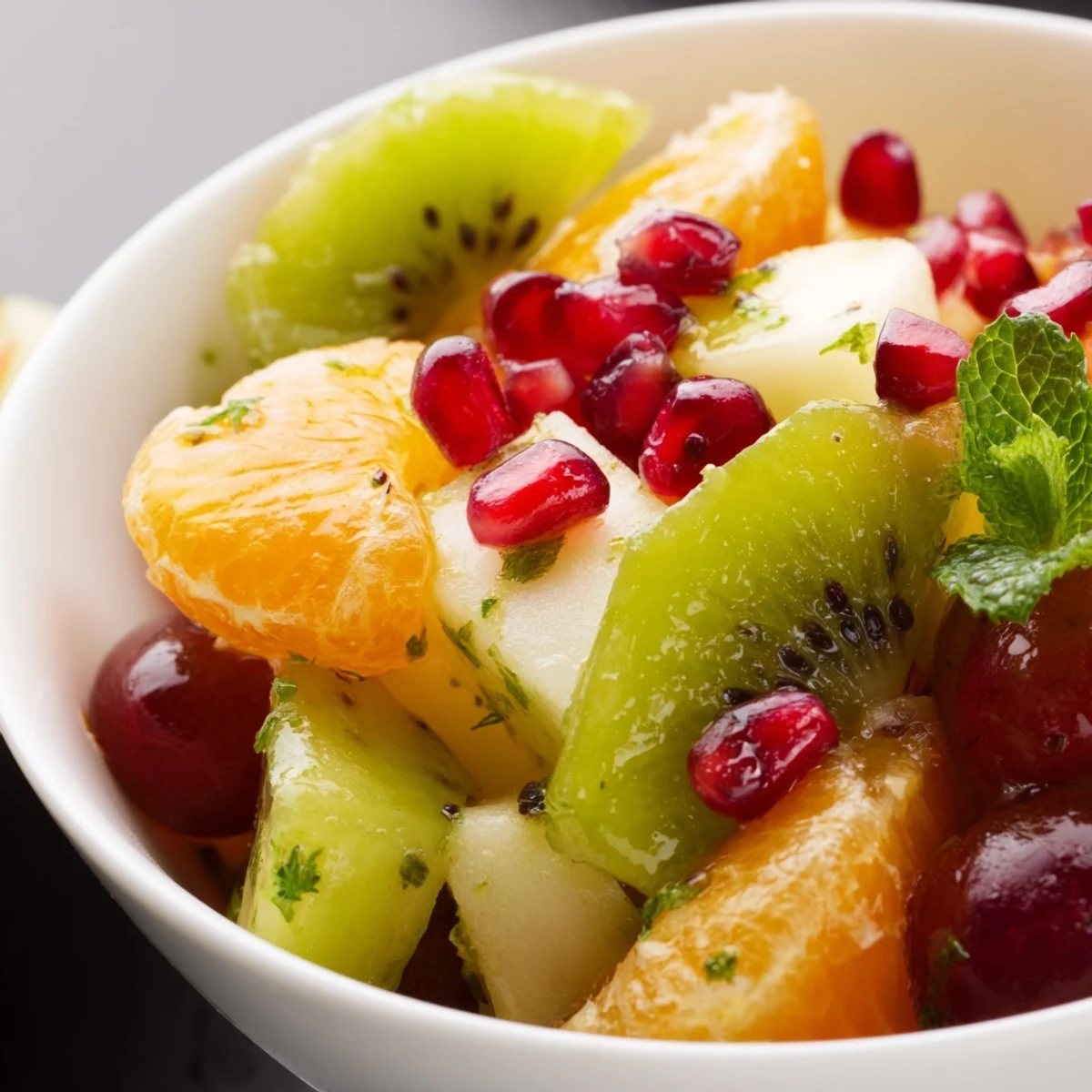 Freshly tossed Winter Fruit Salad with Pomegranate and Lime, drizzled with honey-lime dressing and sliced kiwi on top.