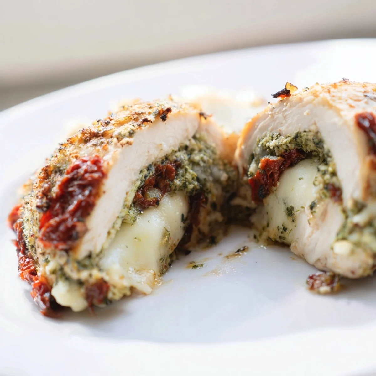 Golden-baked Stuffed Chicken Breast with Mozzarella and Pesto oozing melted cheese and aromatic basil.