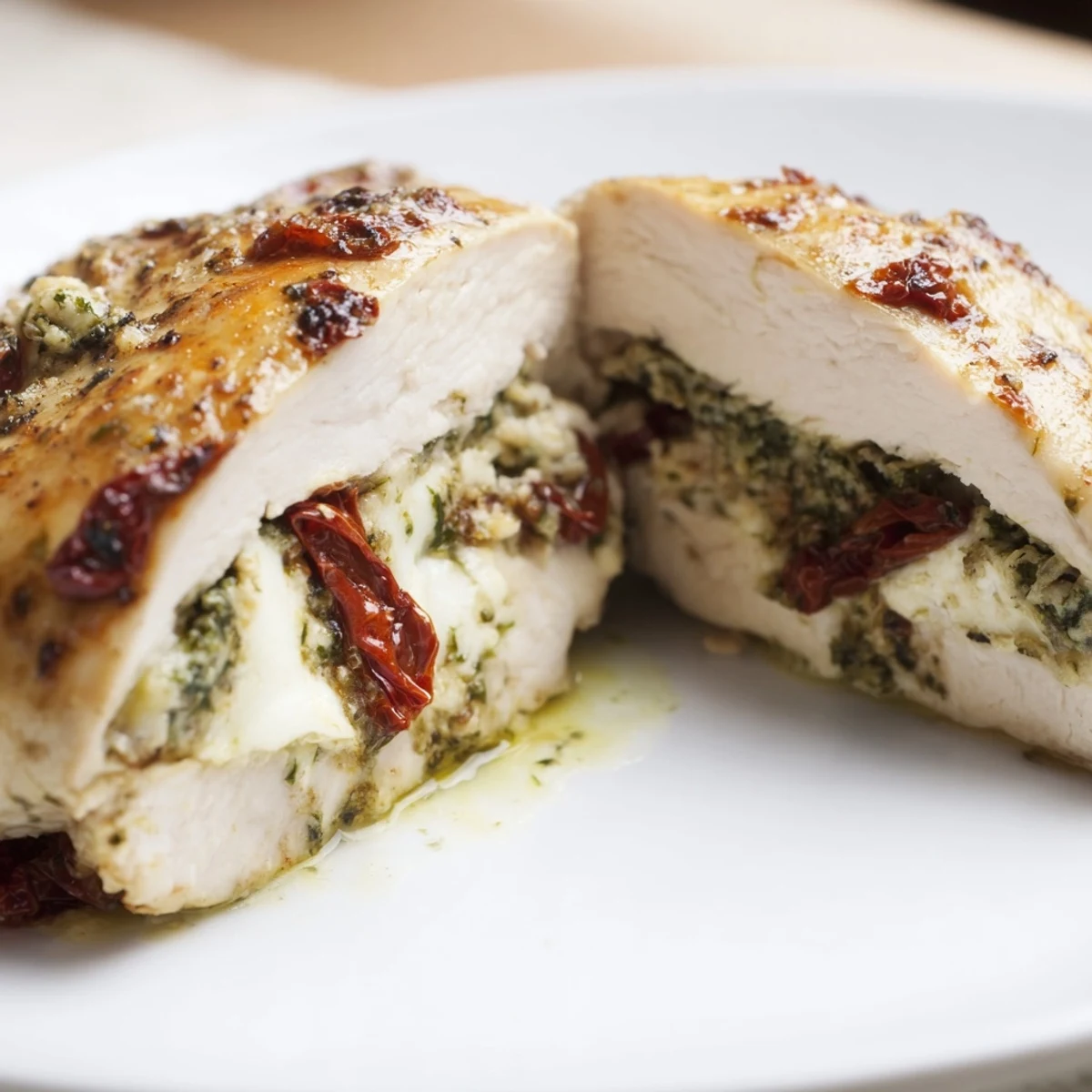 Sliced Stuffed Chicken Breast with Mozzarella and Pesto revealing sun-dried tomatoes and creamy filling.