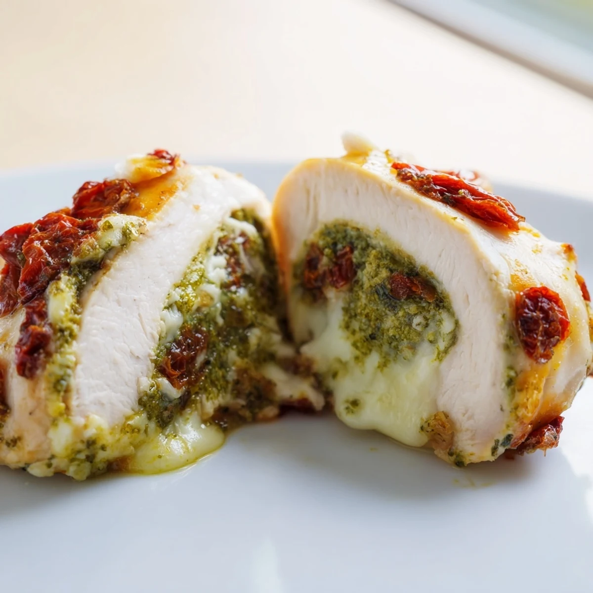 Freshly cooked Stuffed Chicken Breast with Mozzarella and Pesto plated with a green salad garnish.