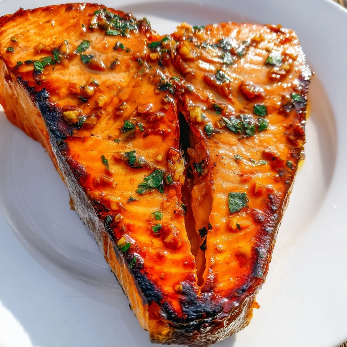 Golden-brown Honey Garlic Glazed Salmon Steaks glistening with sticky glaze and fresh parsley garnish.