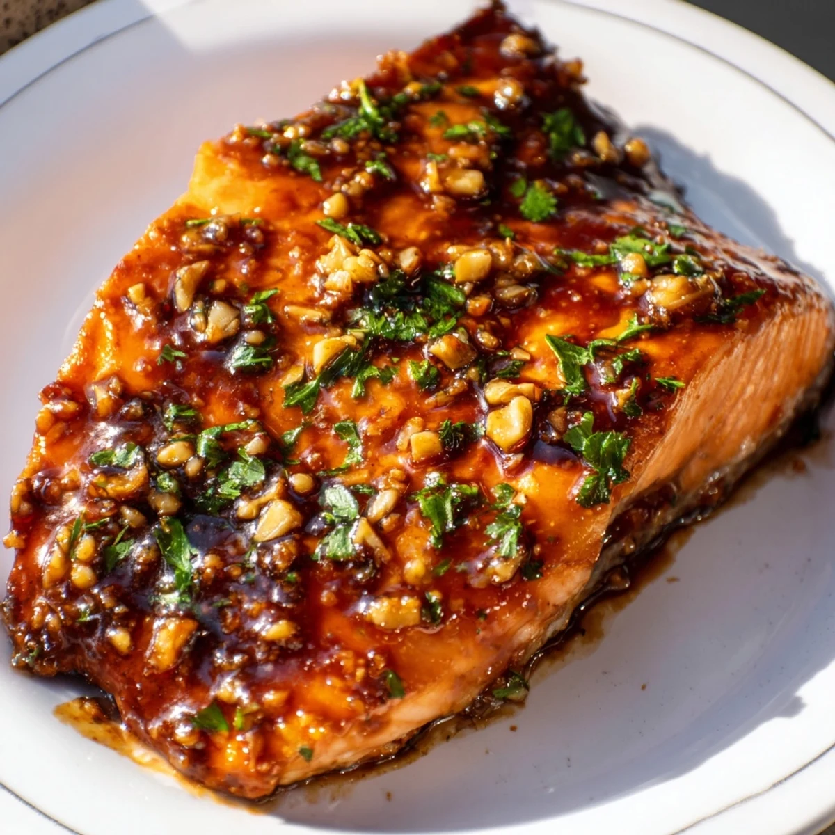 Close-up of Honey Garlic Glazed Salmon Steaks with caramelized edges beside bright lemon wedges.