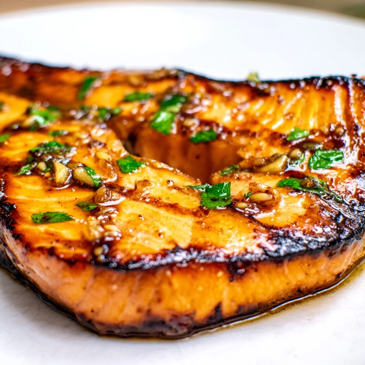Broiled Honey Garlic Glazed Salmon Steaks served hot on a white plate with roasted asparagus.