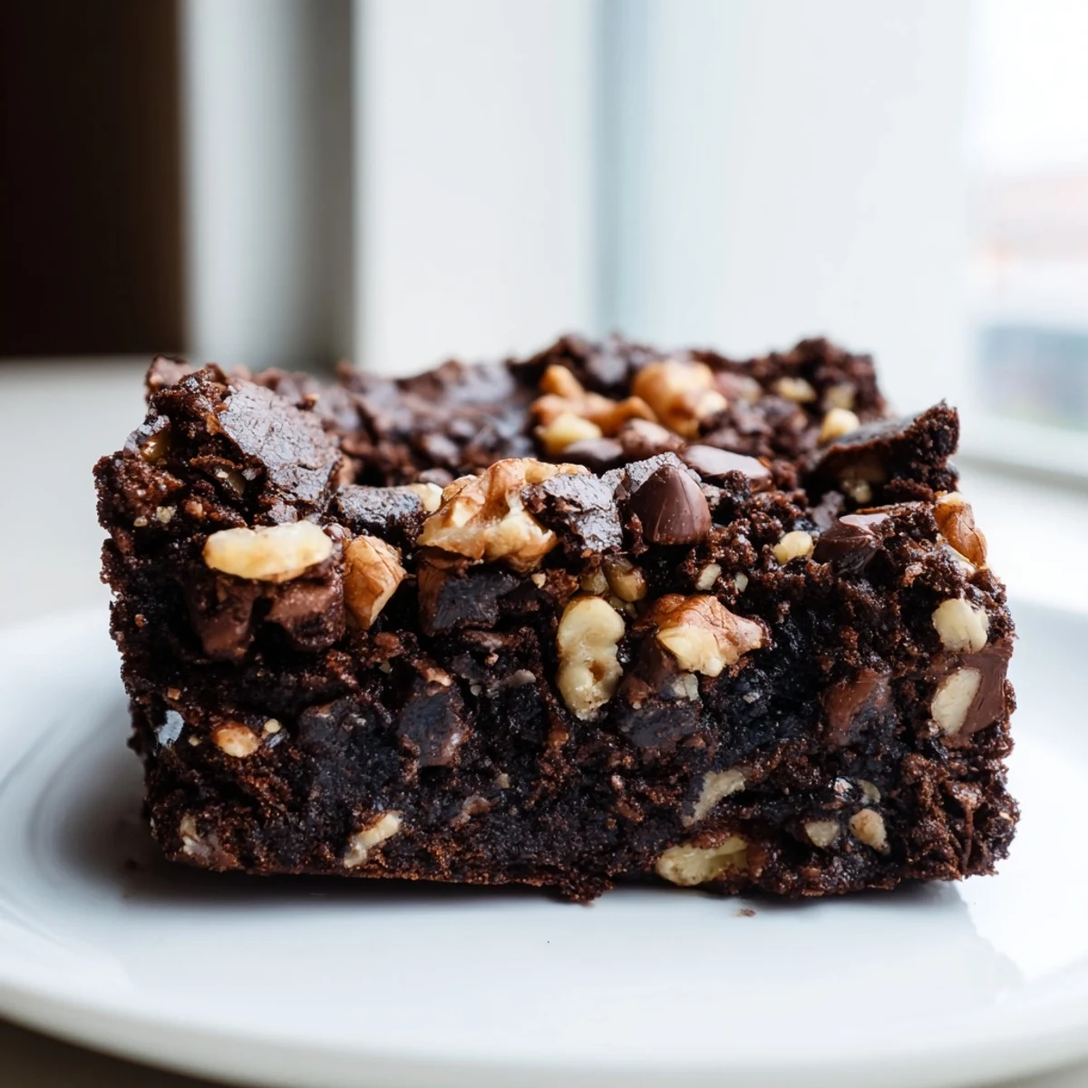 A rich, fudgy chocolate brownie with crunchy mixed nuts on a wooden table.