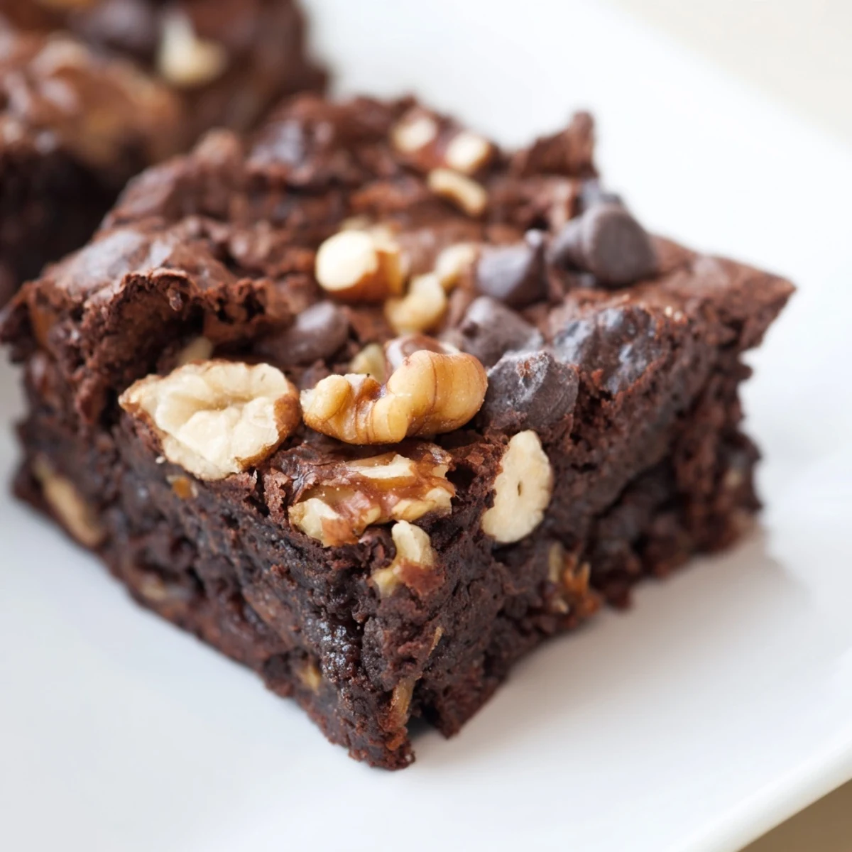 Fudgy chocolate brownie with nuts stacked high on a rustic plate.