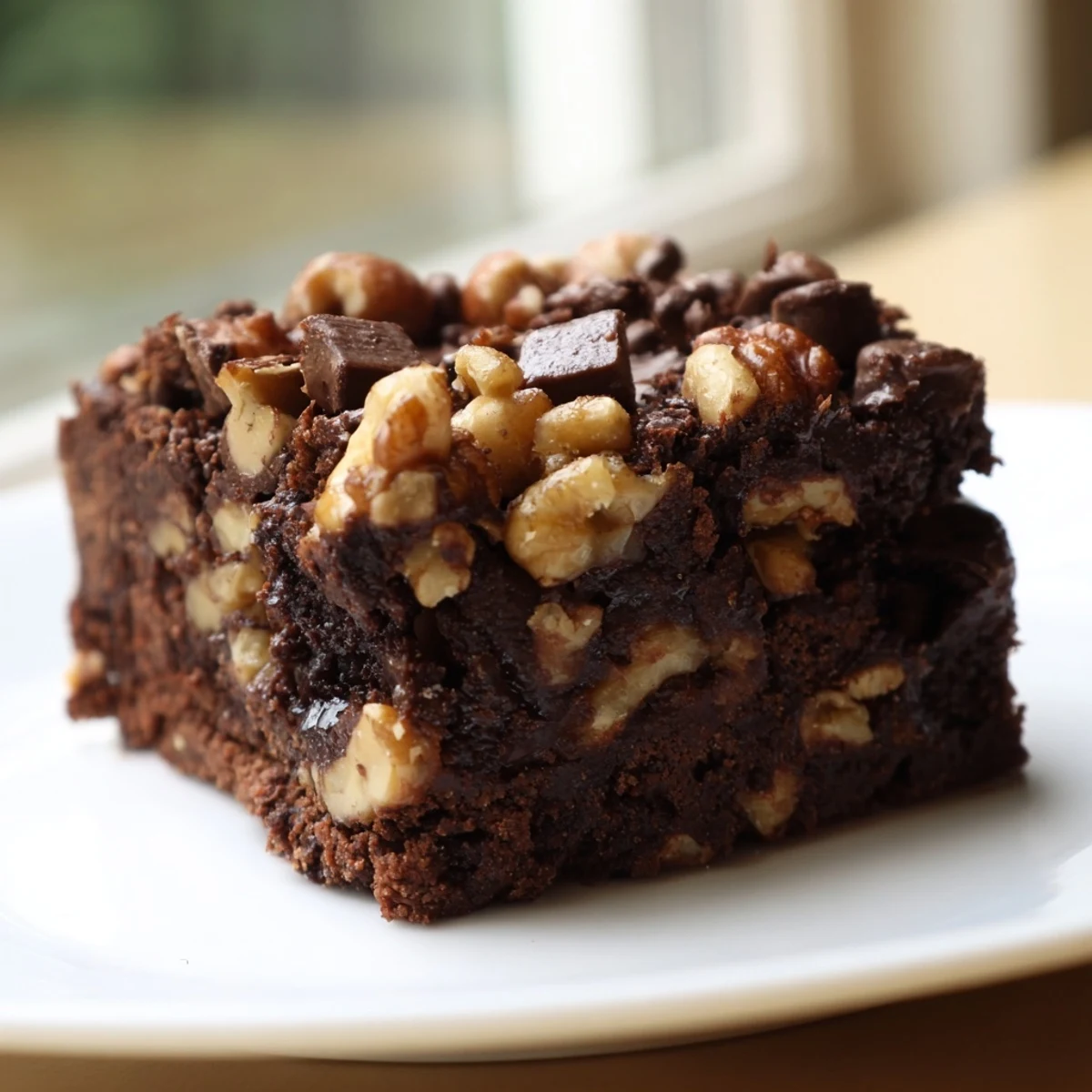 Gooey chocolate brownie with nuts on a wire cooling rack.