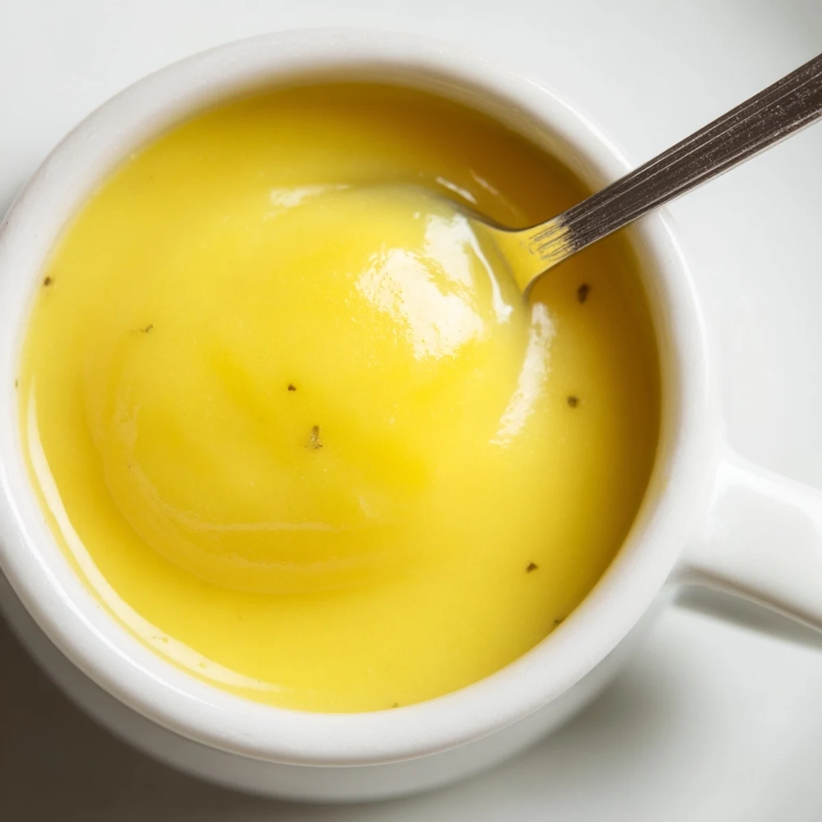 Creamy lemon curd with butter in a small white bowl with a spoon.