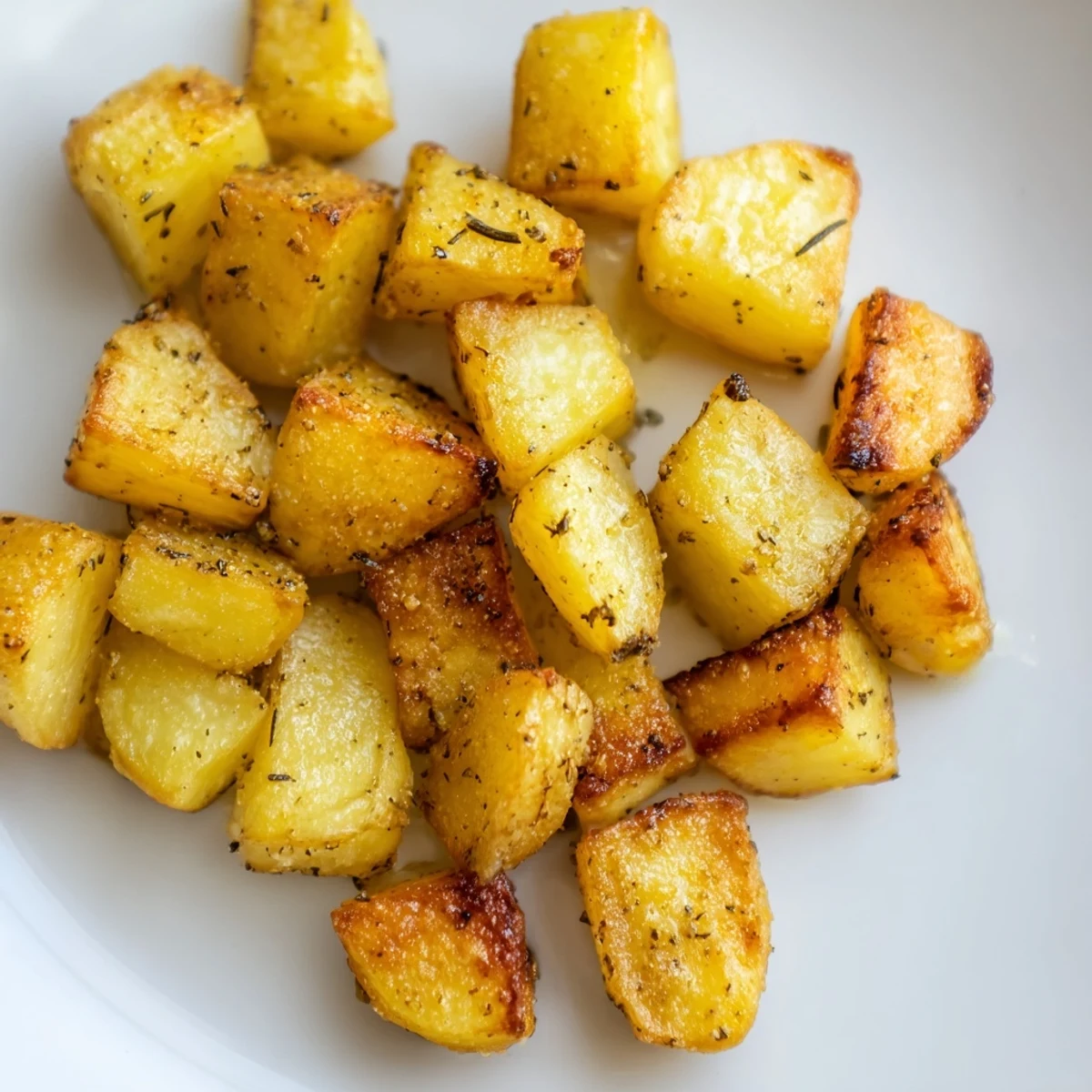 Golden brown roasted potatoes with olive oil, seasoned with rosemary and garlic powder, served hot as a rustic side dish.