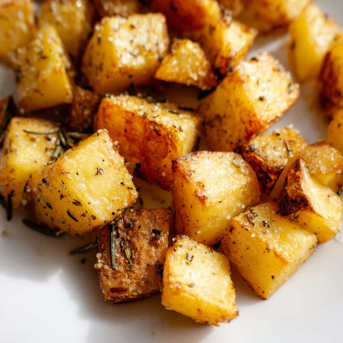 Crispy roasted potatoes with olive oil arranged on a parchment-lined baking sheet, steam rising from the golden edges.