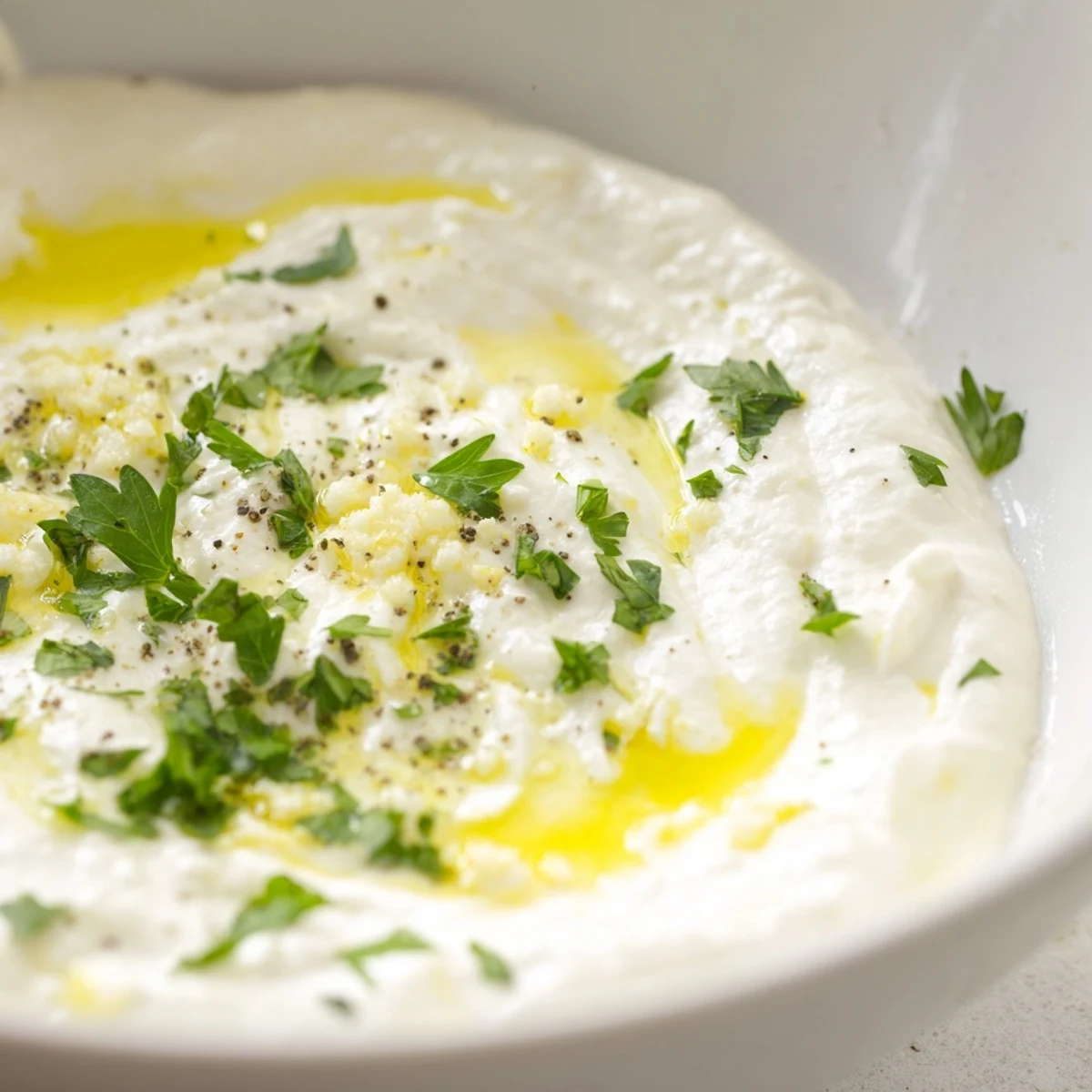 Homemade garlic yogurt dip garnished with parsley, ready to serve with pita chips.