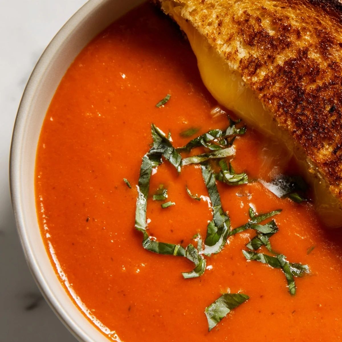 Creamy Tomato Basil Bisque with Grilled Cheese served steaming hot in a bowl with golden, buttery sandwich halves for dipping.
