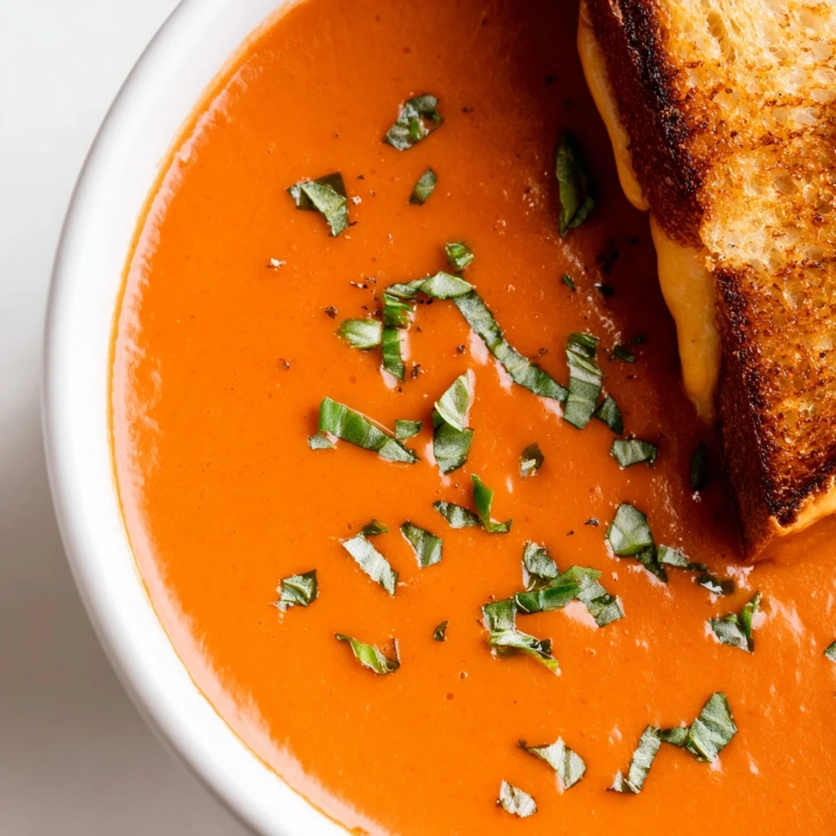 A close-up of velvety Creamy Tomato Basil Bisque topped with fresh basil, beside a crispy grilled cheese slice on rustic wood.