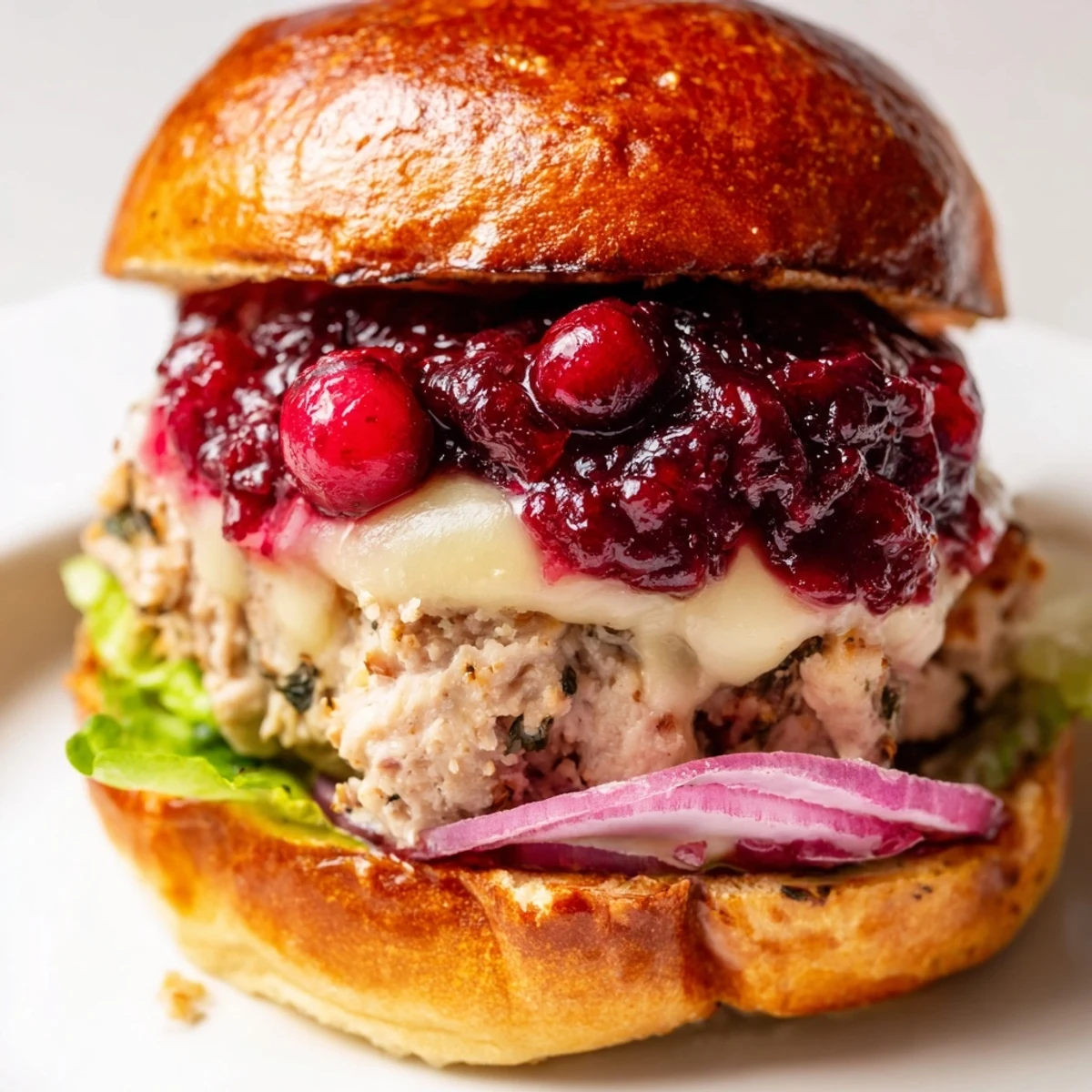 Golden-brown turkey burger with creamy Brie slices and ruby-red cranberry sauce, served on a toasted brioche bun with fresh lettuce.