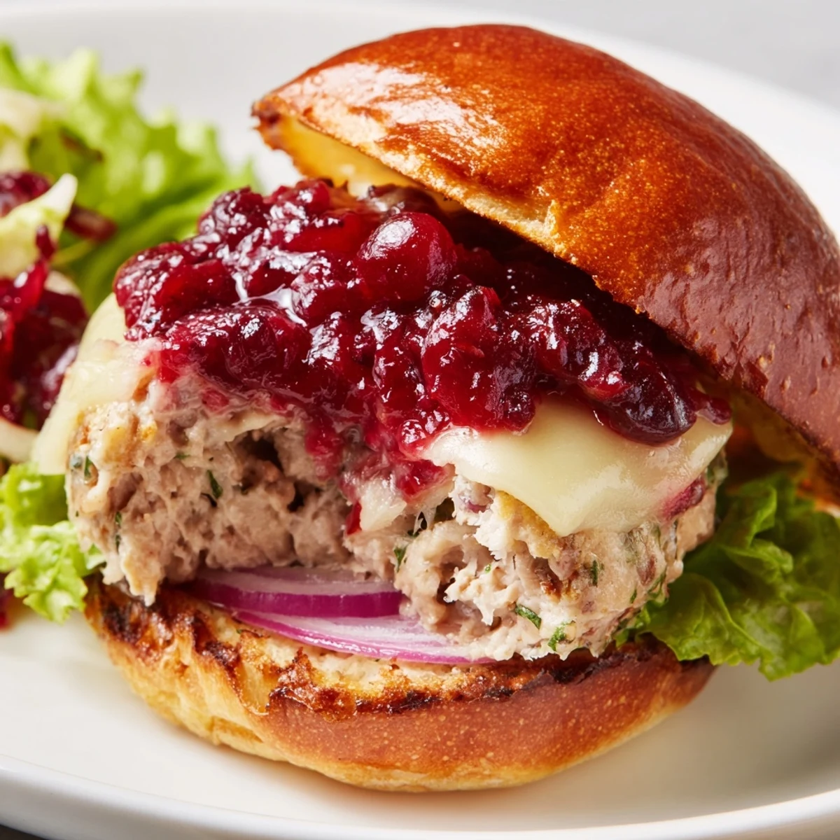 A juicy homemade Turkey Burger with Cranberry Sauce and Brie on a toasted bun, garnished with fresh parsley and red onion slices.
