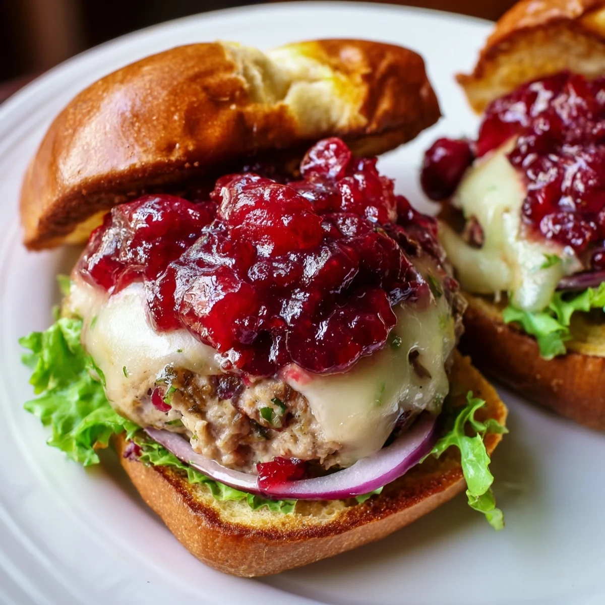 Freshly assembled Turkey Burger with Cranberry Sauce and Brie on a plate, featuring melty cheese and vibrant cranberry topping, ready to eat.