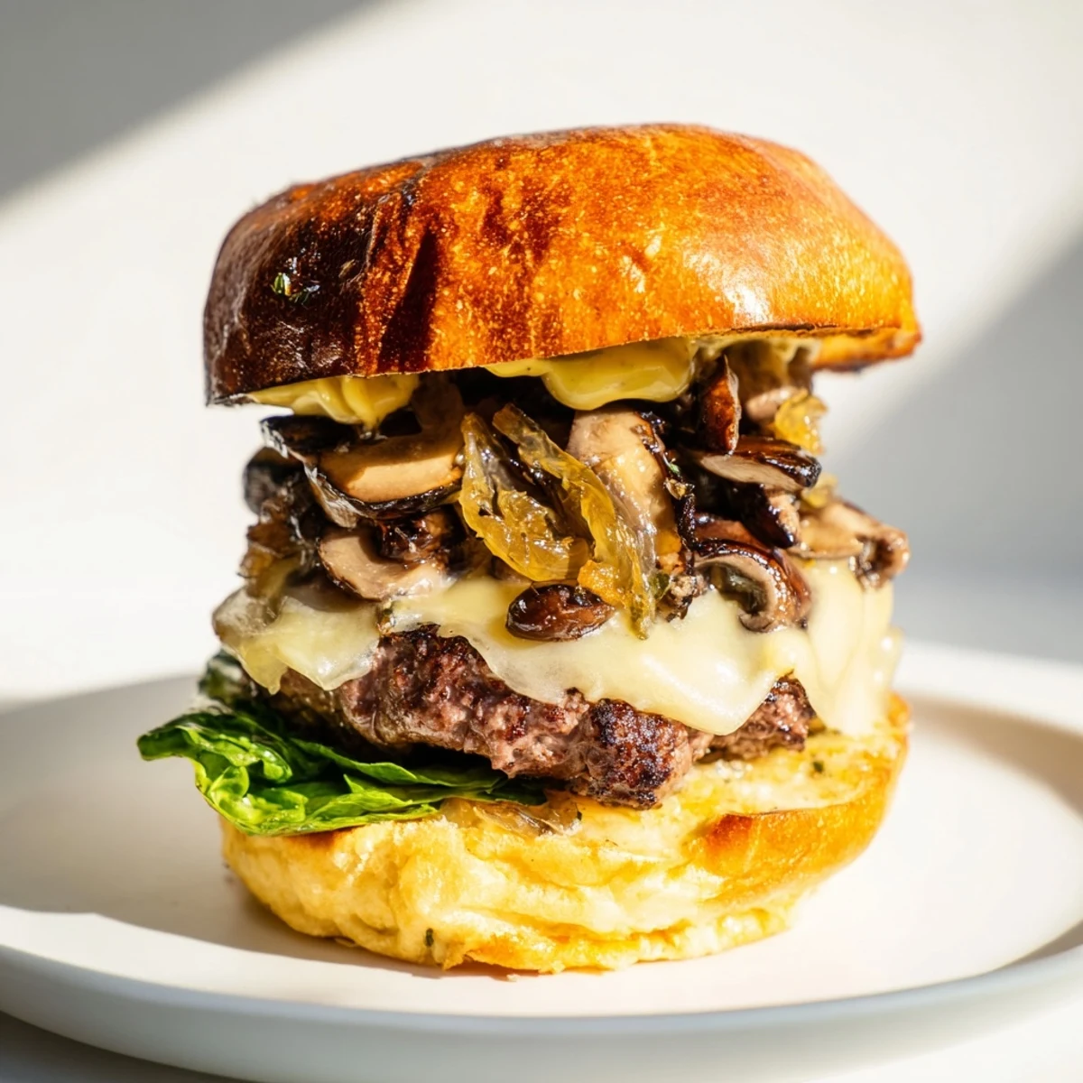 Freshly grilled Mushroom and Swiss Burger with Caramelized Onions, featuring sautéed mushrooms and sweet onions piled high on a soft bun.