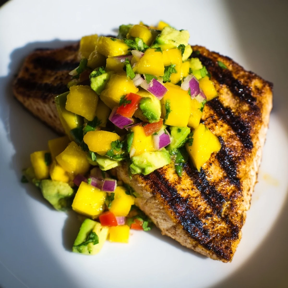 Grilled Salmon with Mango Avocado Salsa, perfectly charred and topped with bright, chunky salsa, served with fresh lime wedges.