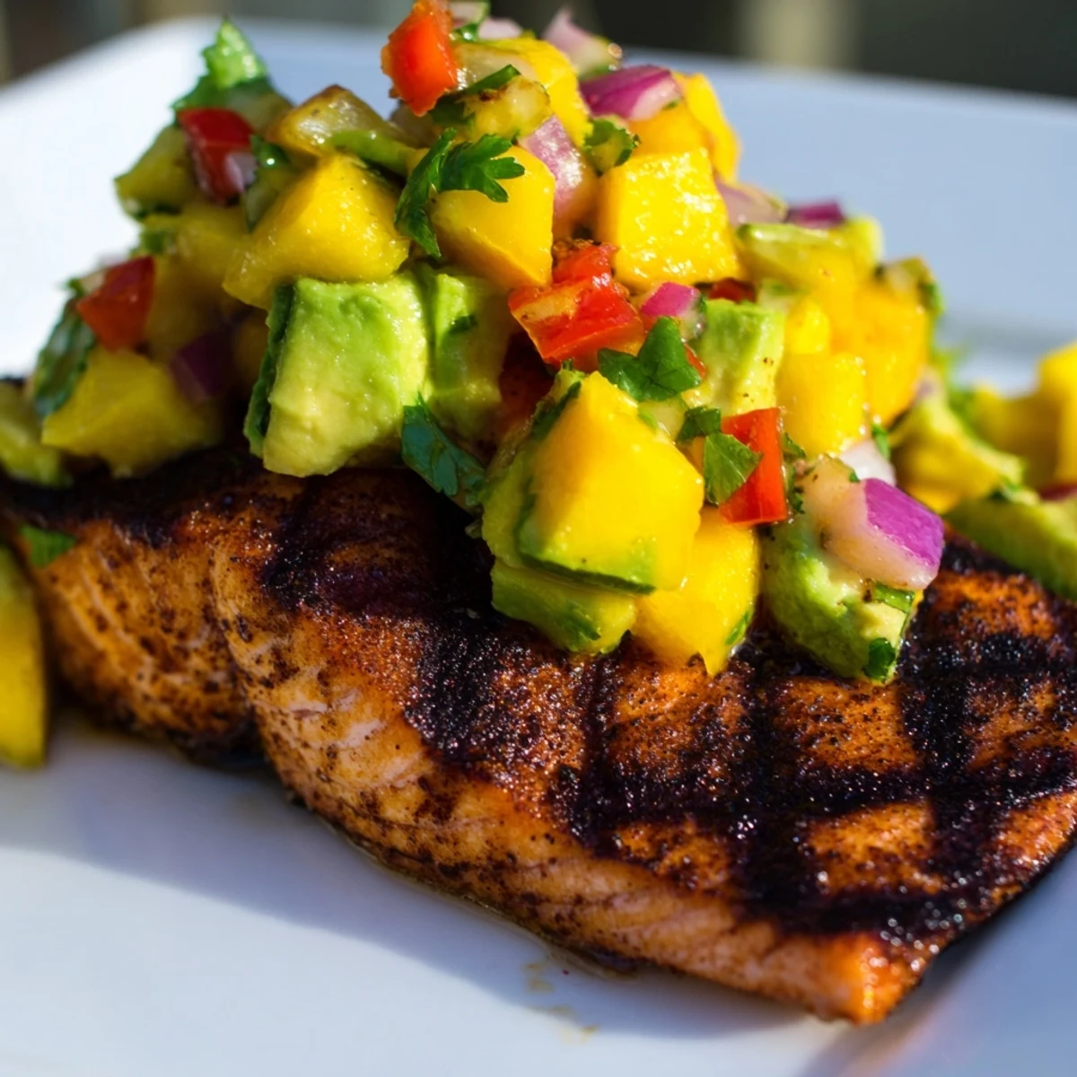 A close-up of Grilled Salmon with Mango Avocado Salsa, showcasing flaky fish and vibrant diced mango, avocado, and red onion.