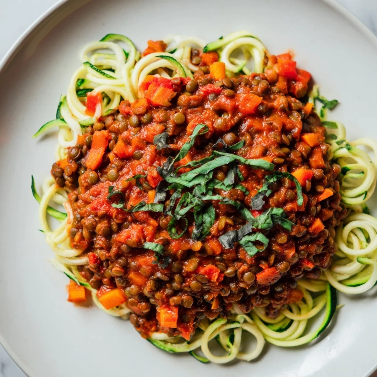 Vegan Lentil Bolognese with Zucchini Noodles served warm, topped with fresh basil and vegan parmesan.