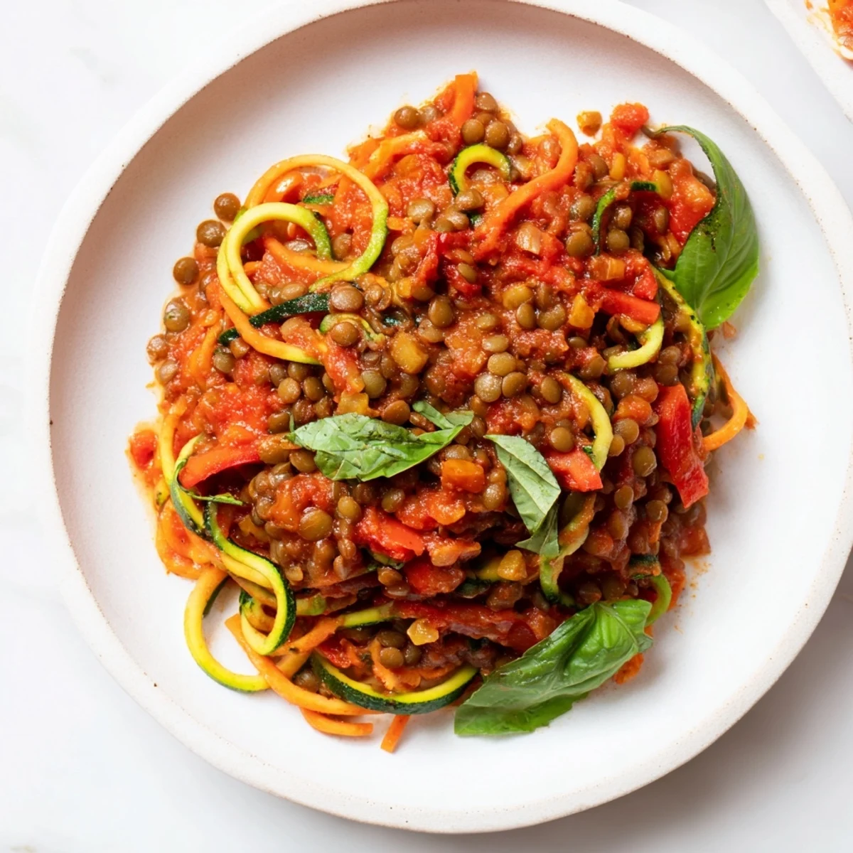 Close-up of hearty Vegan Lentil Bolognese with Zucchini Noodles in a white bowl, steam rising.