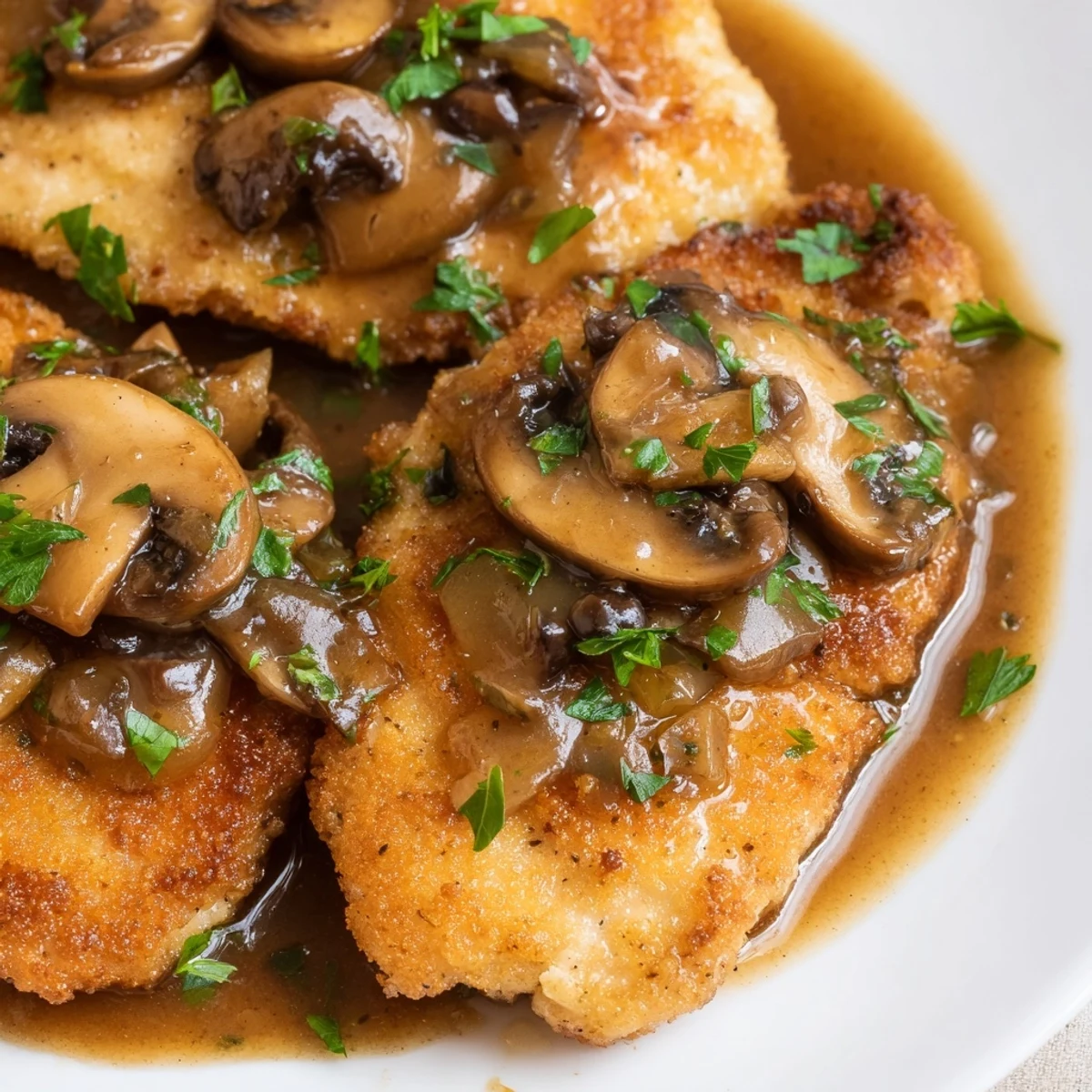 Golden-brown Chicken Marsala with Mushrooms seared in a skillet, coated in a rich, savory mushroom sauce without alcohol.