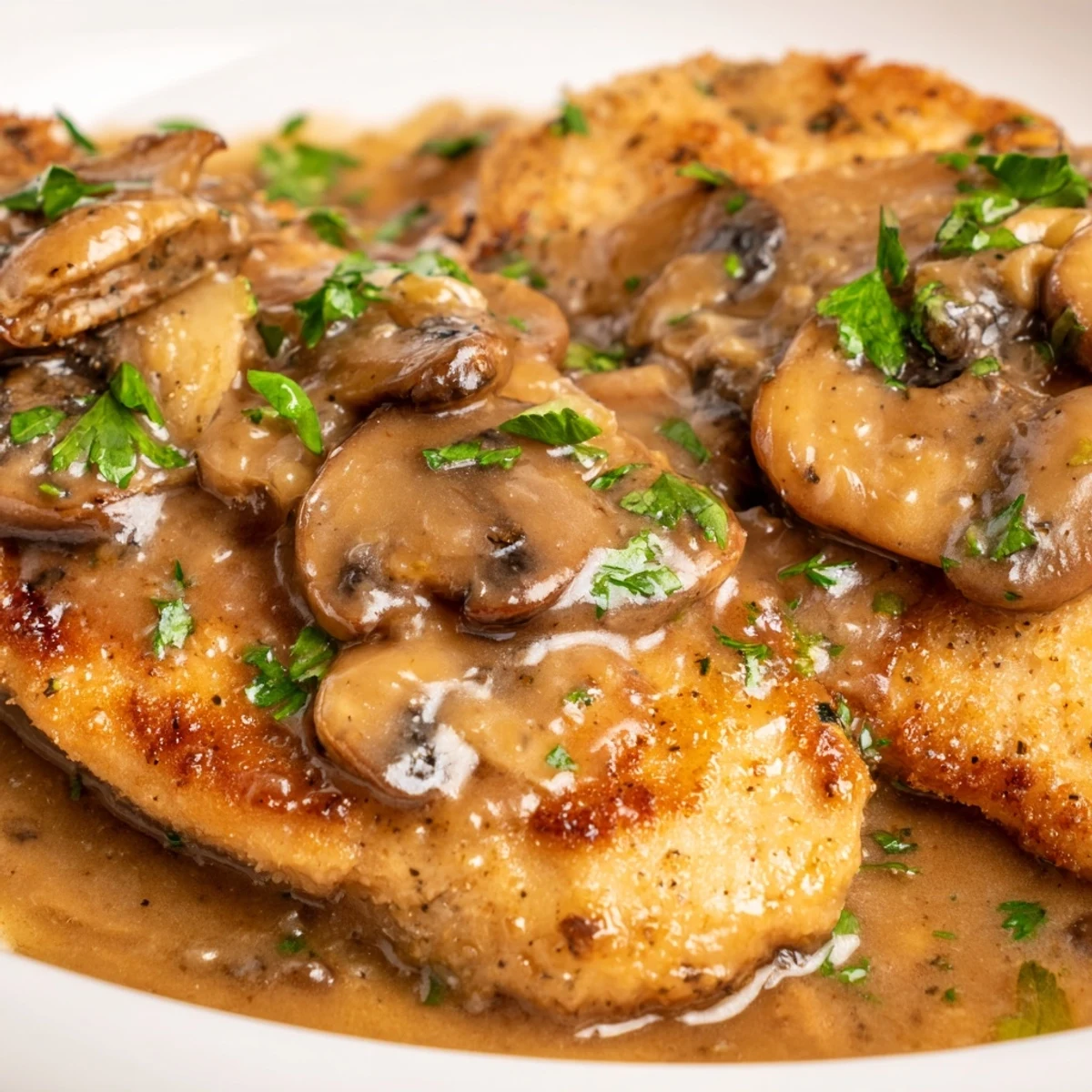 Tender dredged Chicken Marsala with Mushrooms in a glossy, reduced wine-free sauce, served with lemon wedges for brightness.