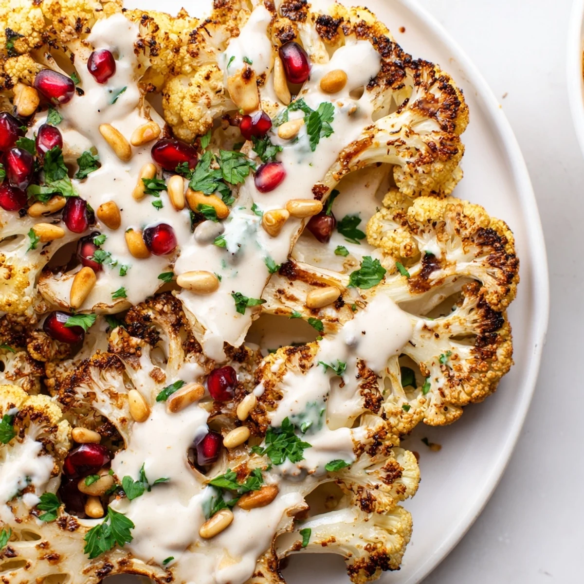 Golden-brown roasted cauliflower steaks drizzled with creamy tahini dressing and fresh parsley.