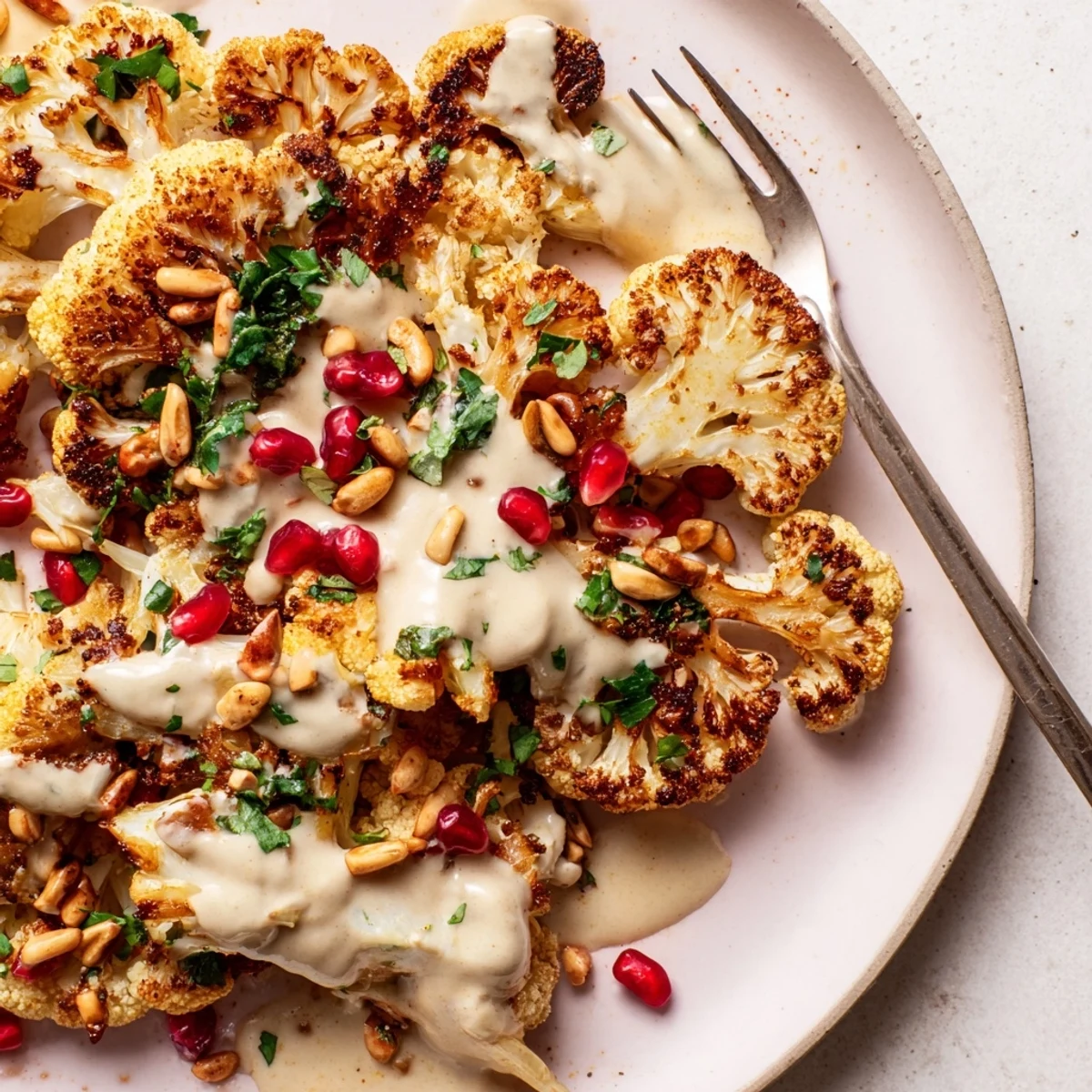 Platter of roasted cauliflower steaks topped with tangy tahini dressing and pomegranate seeds for a Middle Eastern-inspired meal.