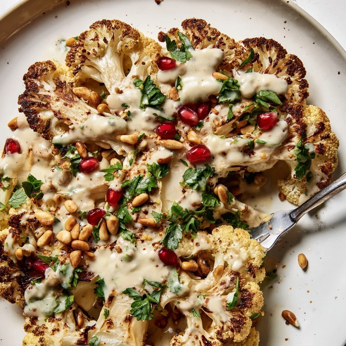 Savory Roasted Cauliflower Steaks with Tahini Dressing garnished with toasted pine nuts on a plate.