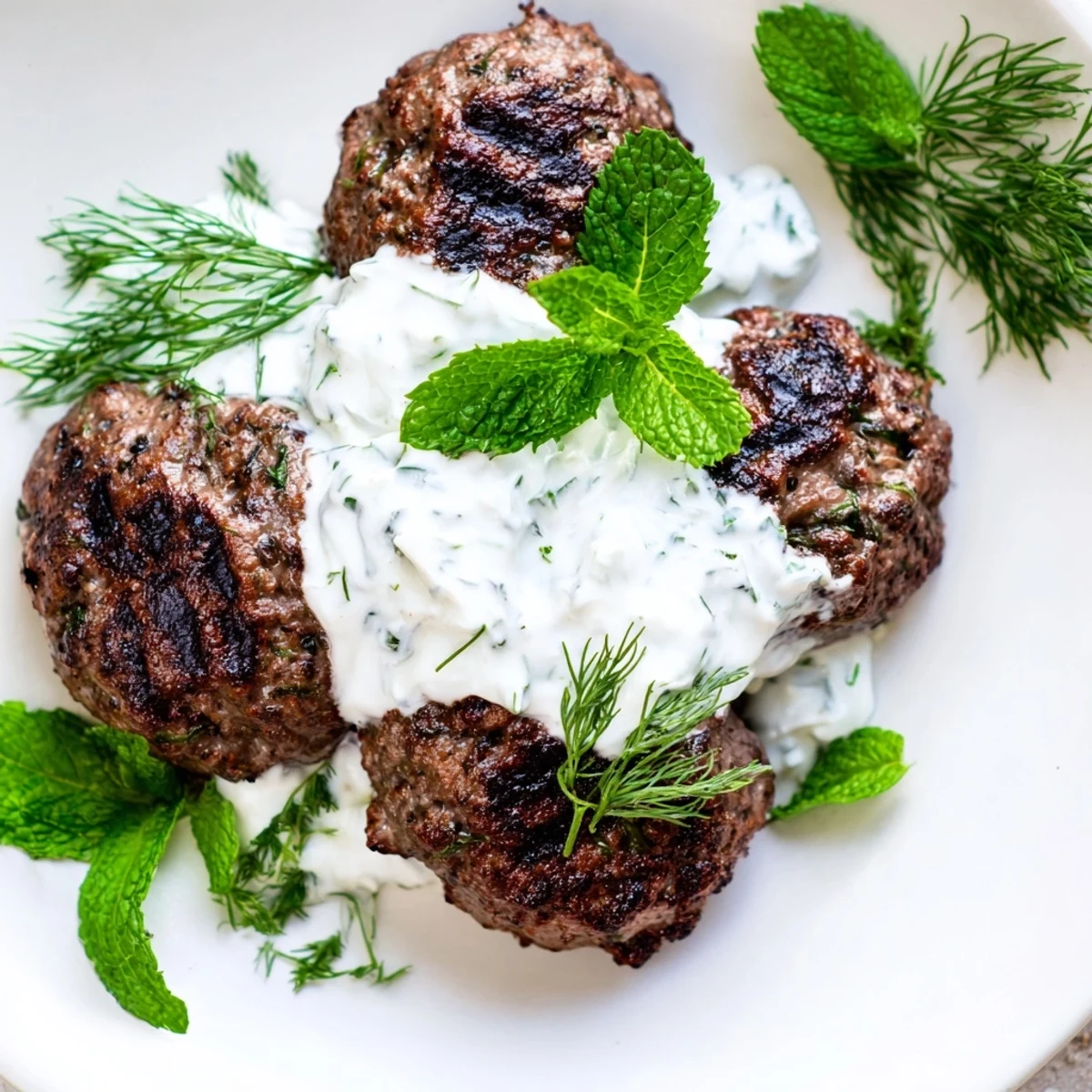 Grilled Beef Kofta Kebabs with Tzatziki Sauce on warm pita bread topped with fresh herbs.
