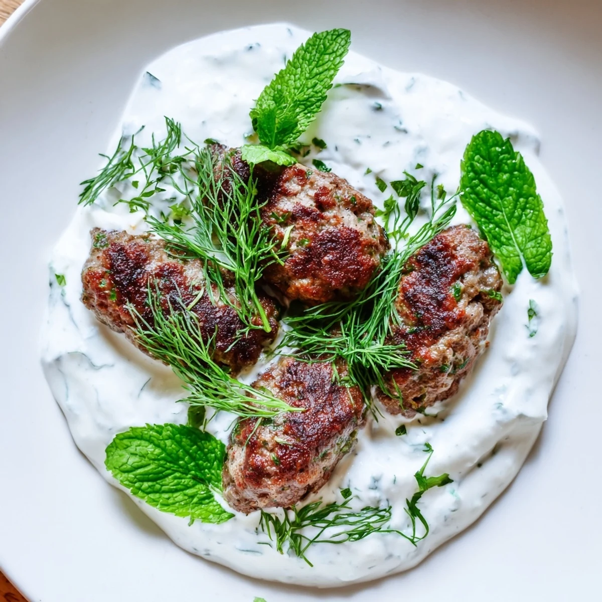 Freshly cooked Beef Kofta Kebabs with Tzatziki Sauce, showcasing chopped tomatoes and onions on the side.