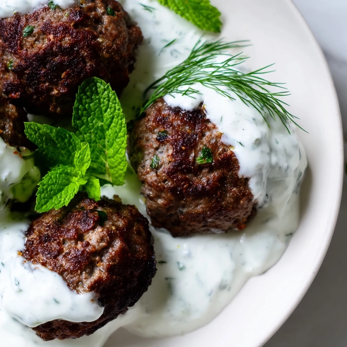 Juicy spiced beef skewers arranged with creamy cucumber tzatziki dip and lemon wedges for serving.