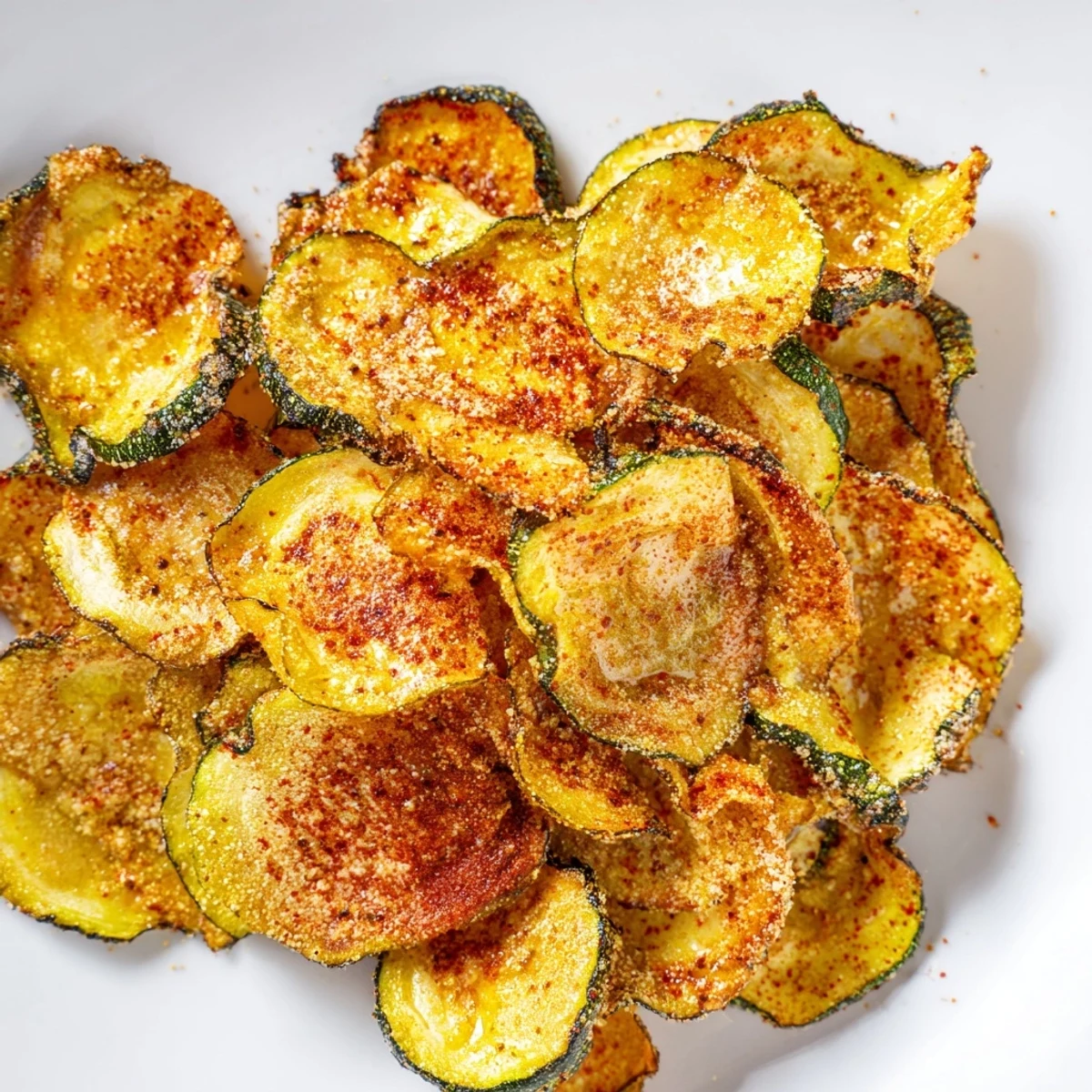 Seasoned Crispy Zucchini Chips baked to perfection on a parchment-lined tray, ready for dipping into ranch or marinara.