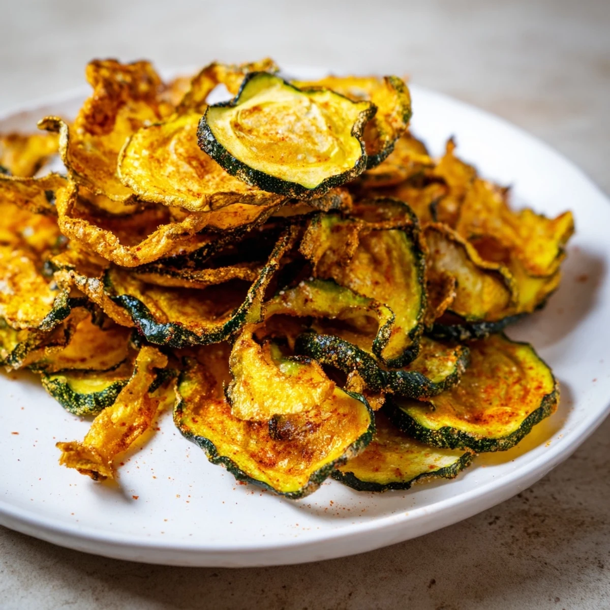 Healthy, gluten-free Crispy Zucchini Chips stacked on a white plate, a low-calorie snack for game day or movie night.