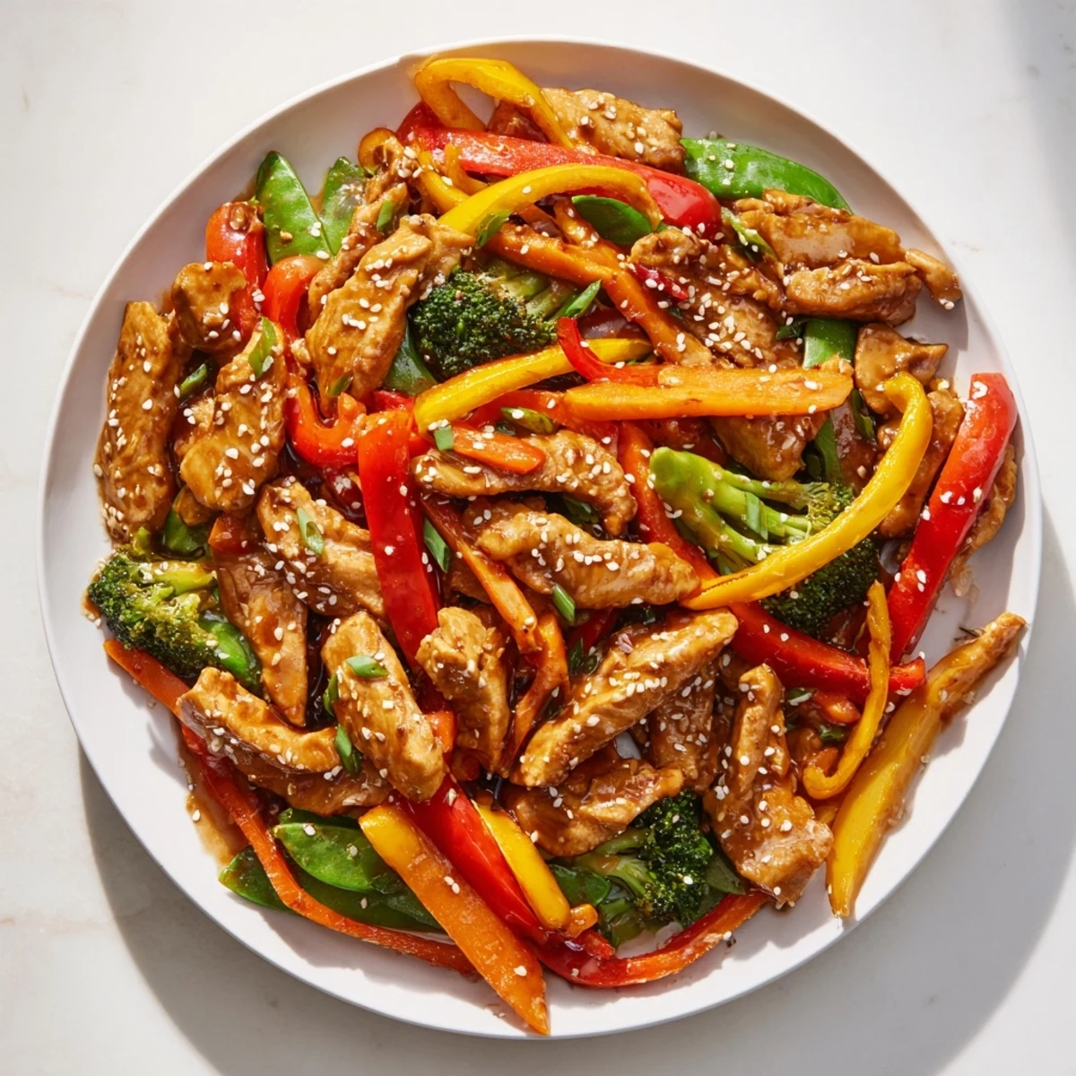 A close-up of golden-brown chicken and colorful vegetables tossed in a glossy sauce, served steaming hot over a bed of white rice.