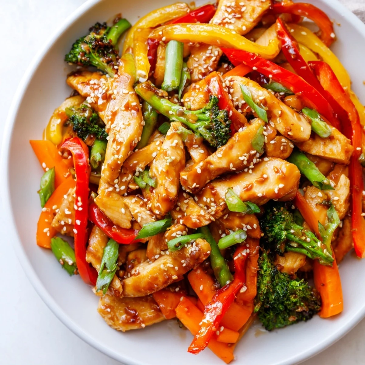 Vibrant, tender Chicken Veggie Stir Fry with crisp bell peppers and broccoli, garnished with sesame seeds for a healthy weeknight dinner.