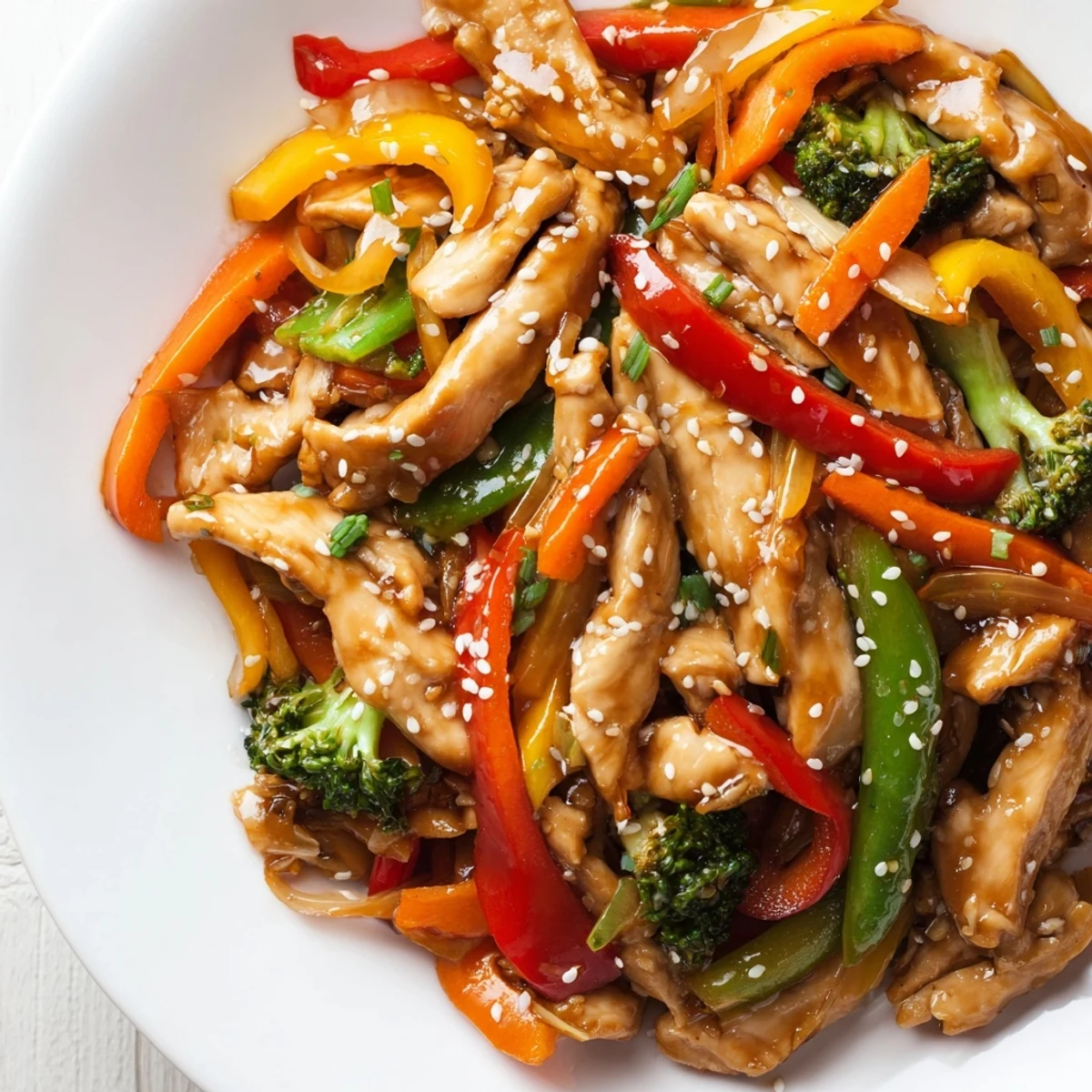 Sizzling Chicken Veggie Stir Fry with julienned carrots and snap peas, tossed in a savory sauce and ready to enjoy for a quick meal.