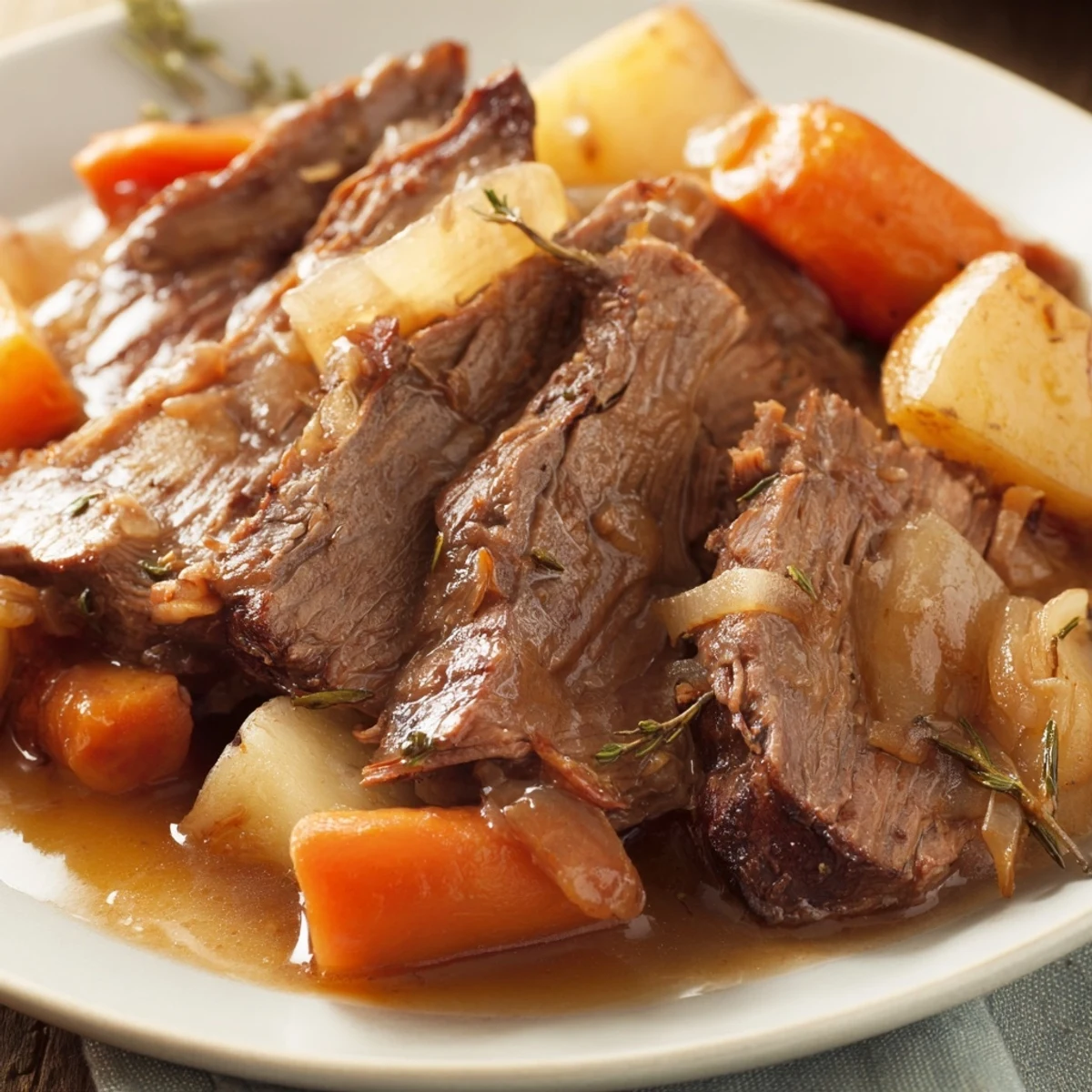 Golden seared Slow Cooker Roast Beef next to celery and onions, slow-cooked to juicy perfection for dinner.