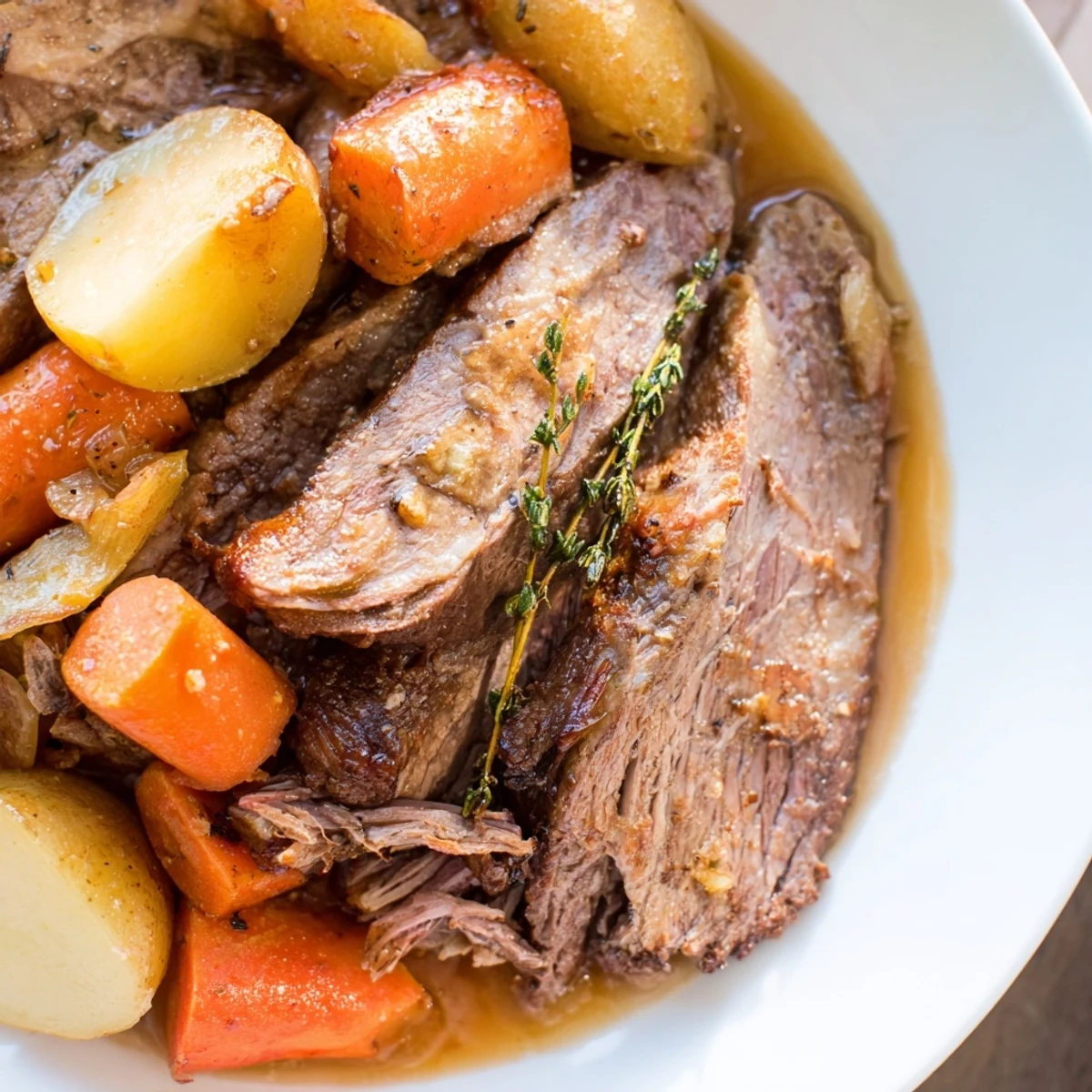 Home cooks shred Slow Cooker Roast Beef over potatoes, drizzled with pan juices and fresh thyme.