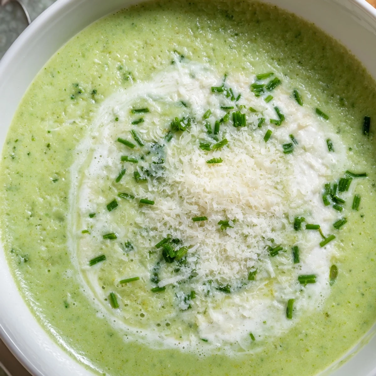 A pot of Creamy Broccoli Soup simmering with aromatic onions and fresh broccoli florets. 
